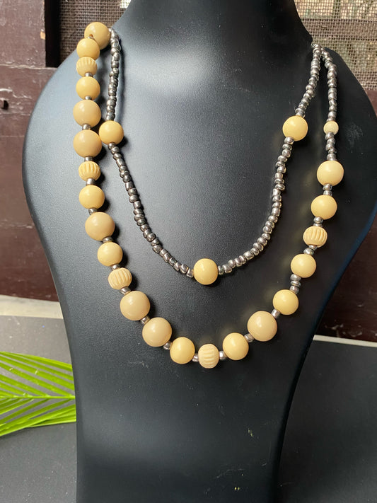 Dual Strand Beige & Silver Beaded Necklace
