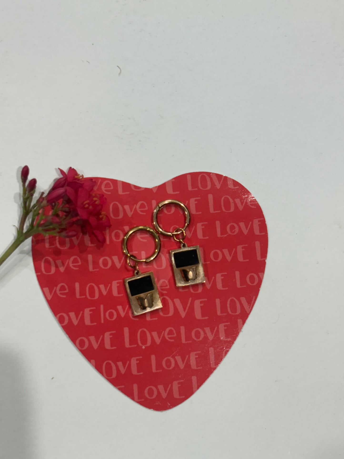 Gold-Plated Hoop Earrings with Black Enamel & Butterfly Charm