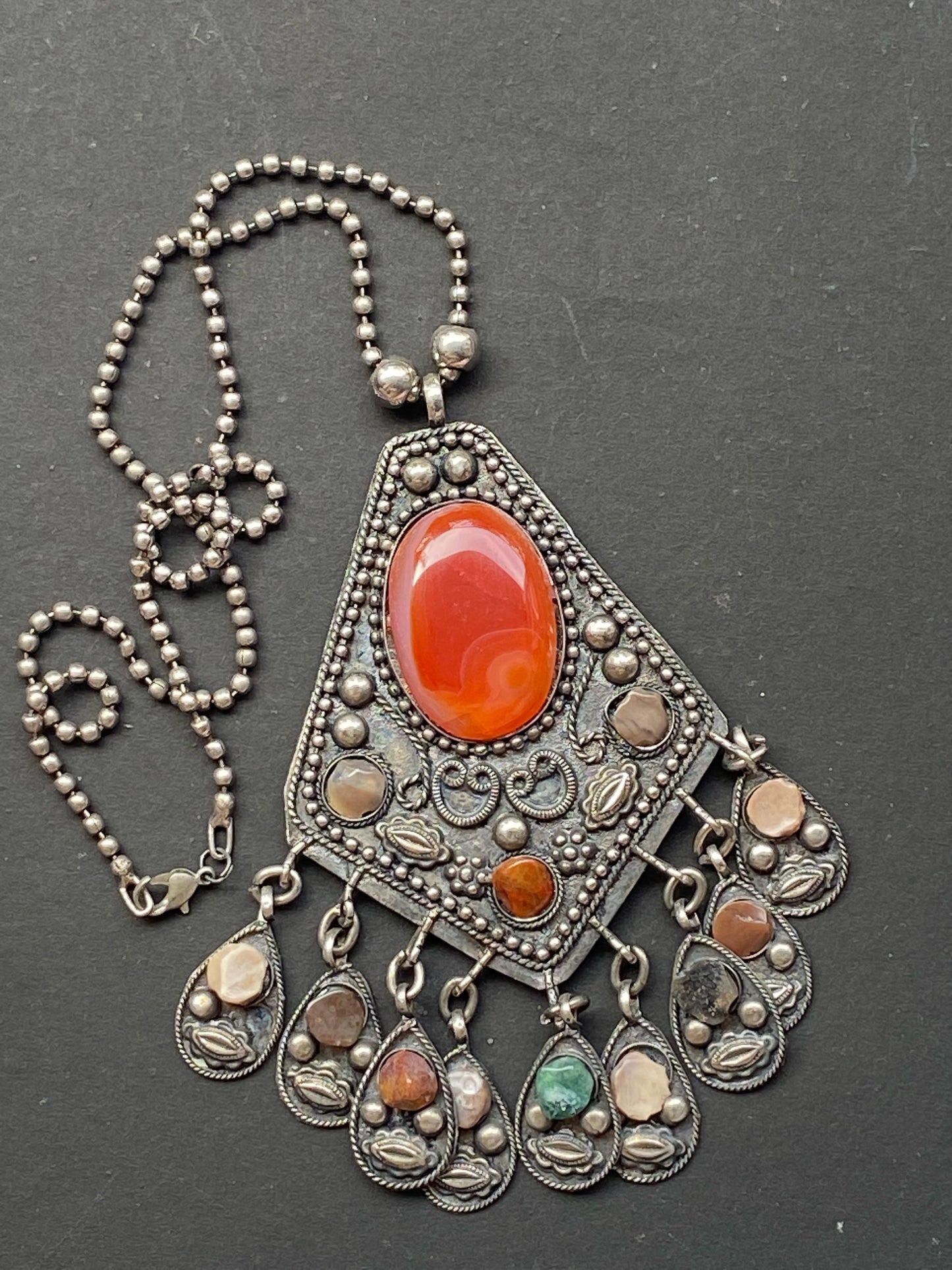 Tribal Antique Silver Necklace with Carnelian Stone and Dangling Charms
