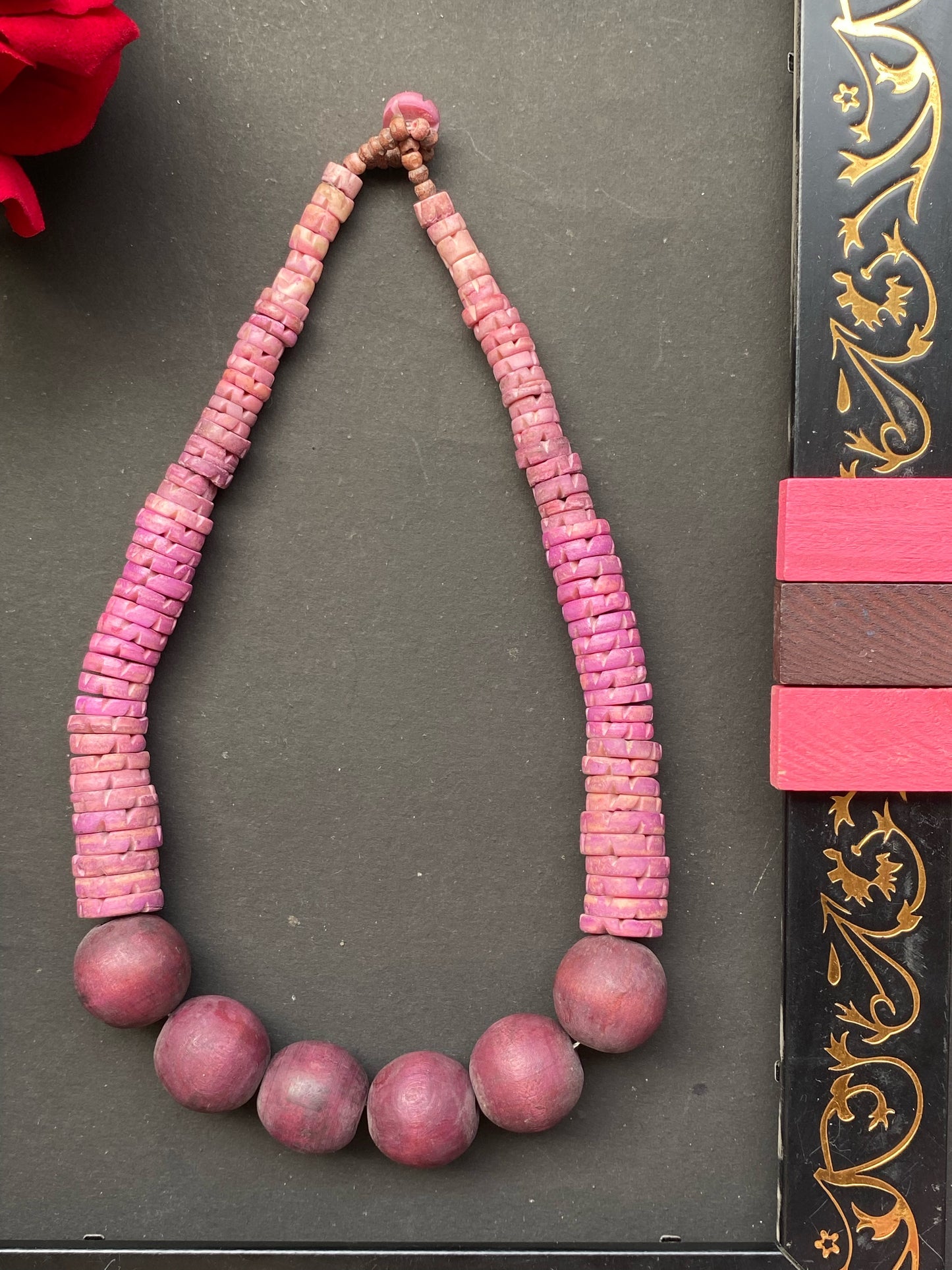 Handcrafted Pink Wooden & Shell Bead Necklace