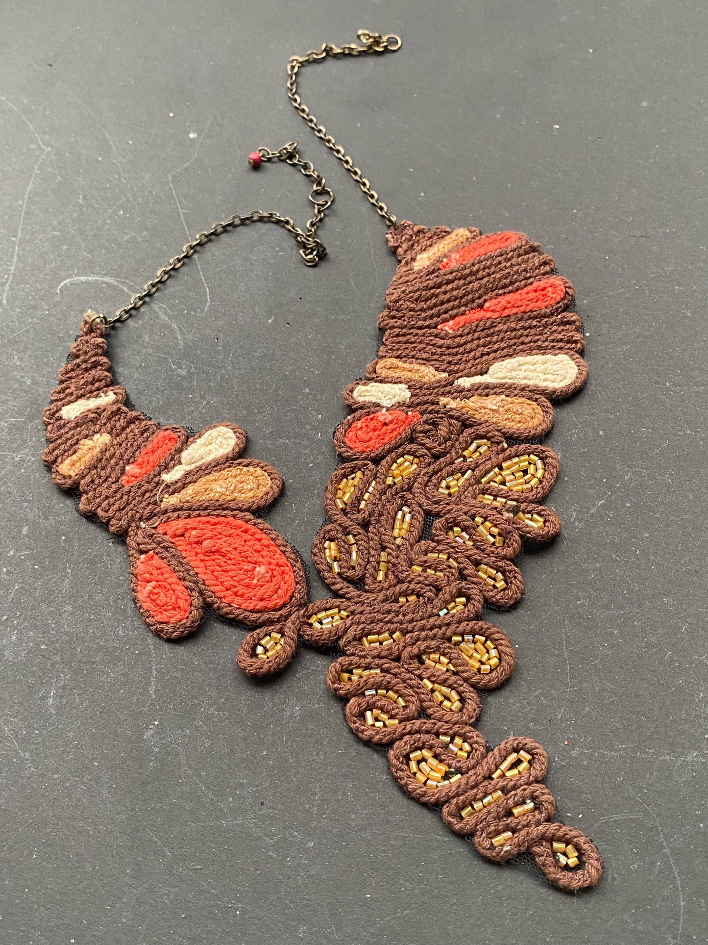 Handcrafted Macrame Statement Necklace – Earthy Brown & Red