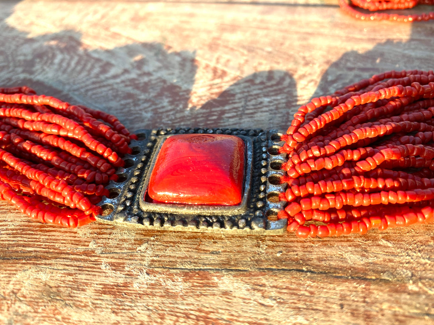 Red Beaded Statement Necklace with Square Accents