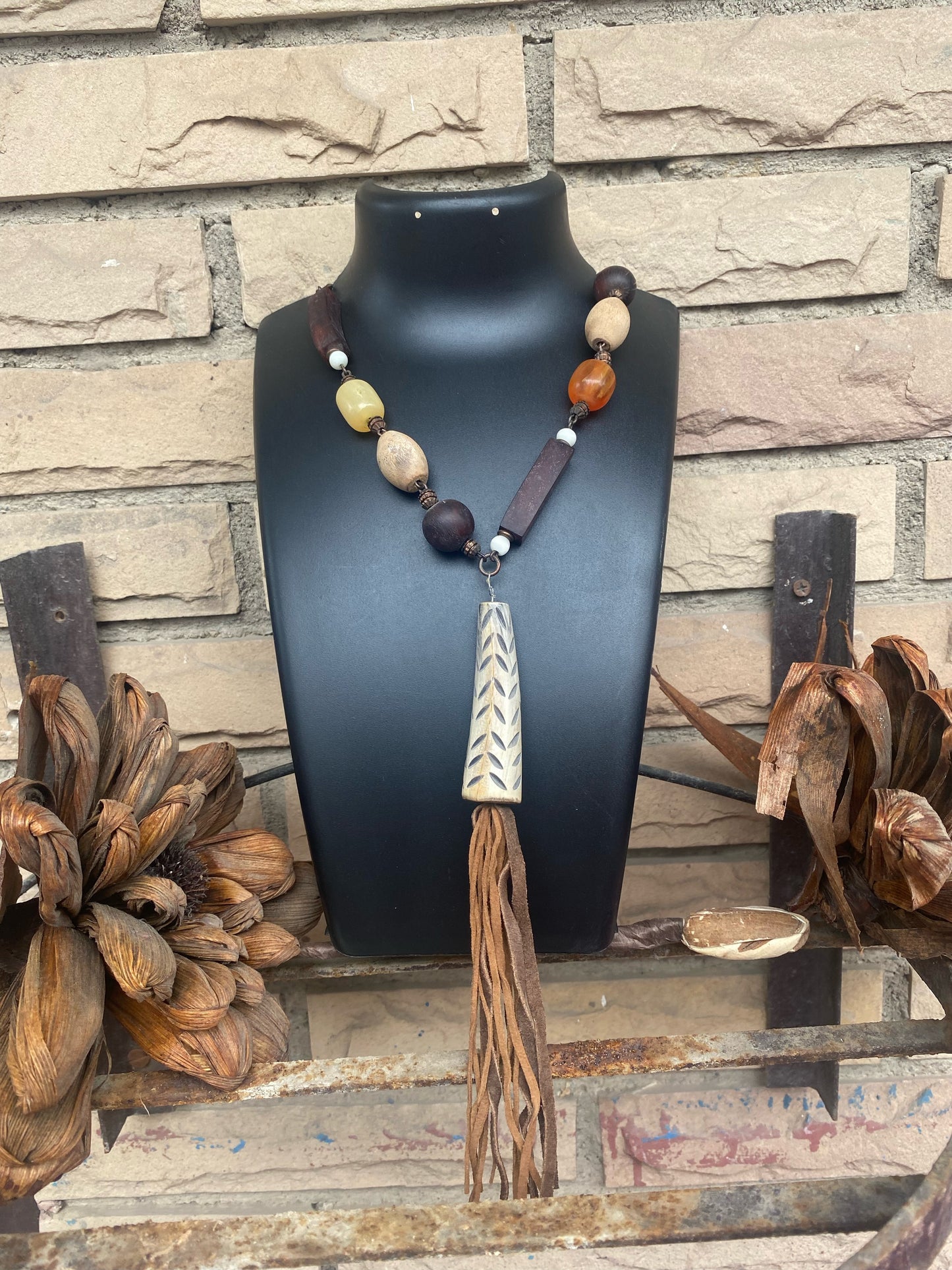 Rustic Bohemian Beaded Pendant Necklace