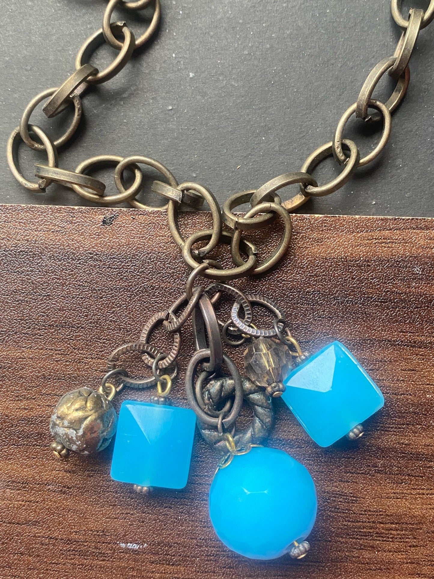 Rustic Pendant Necklace with Blue Bead Charms