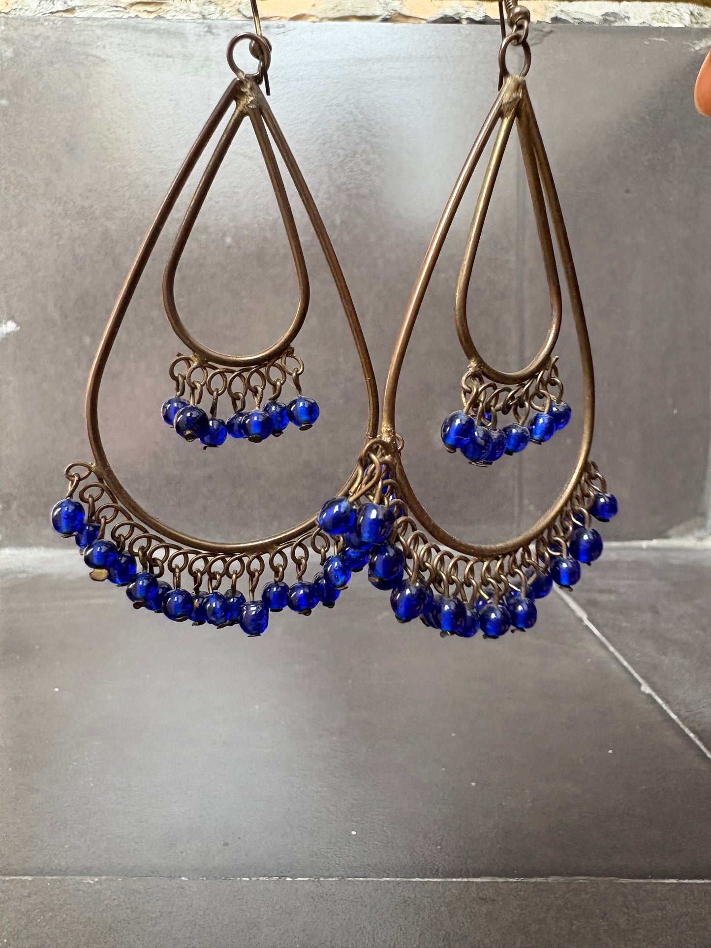 Antique Brass Teardrop Earrings with Blue Beads