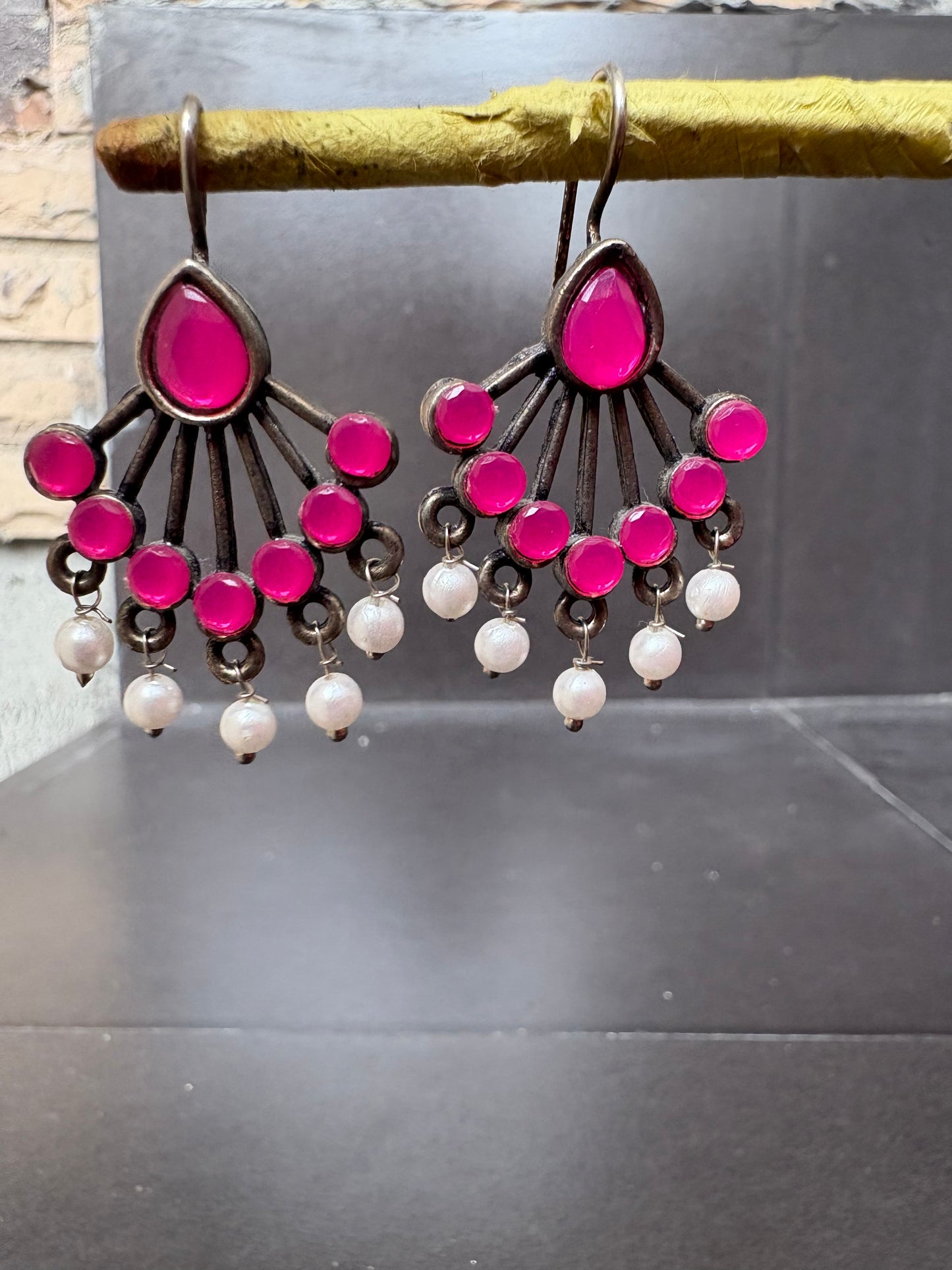 Antique Oxidised Pink Stone & Pearl Drop Earrings