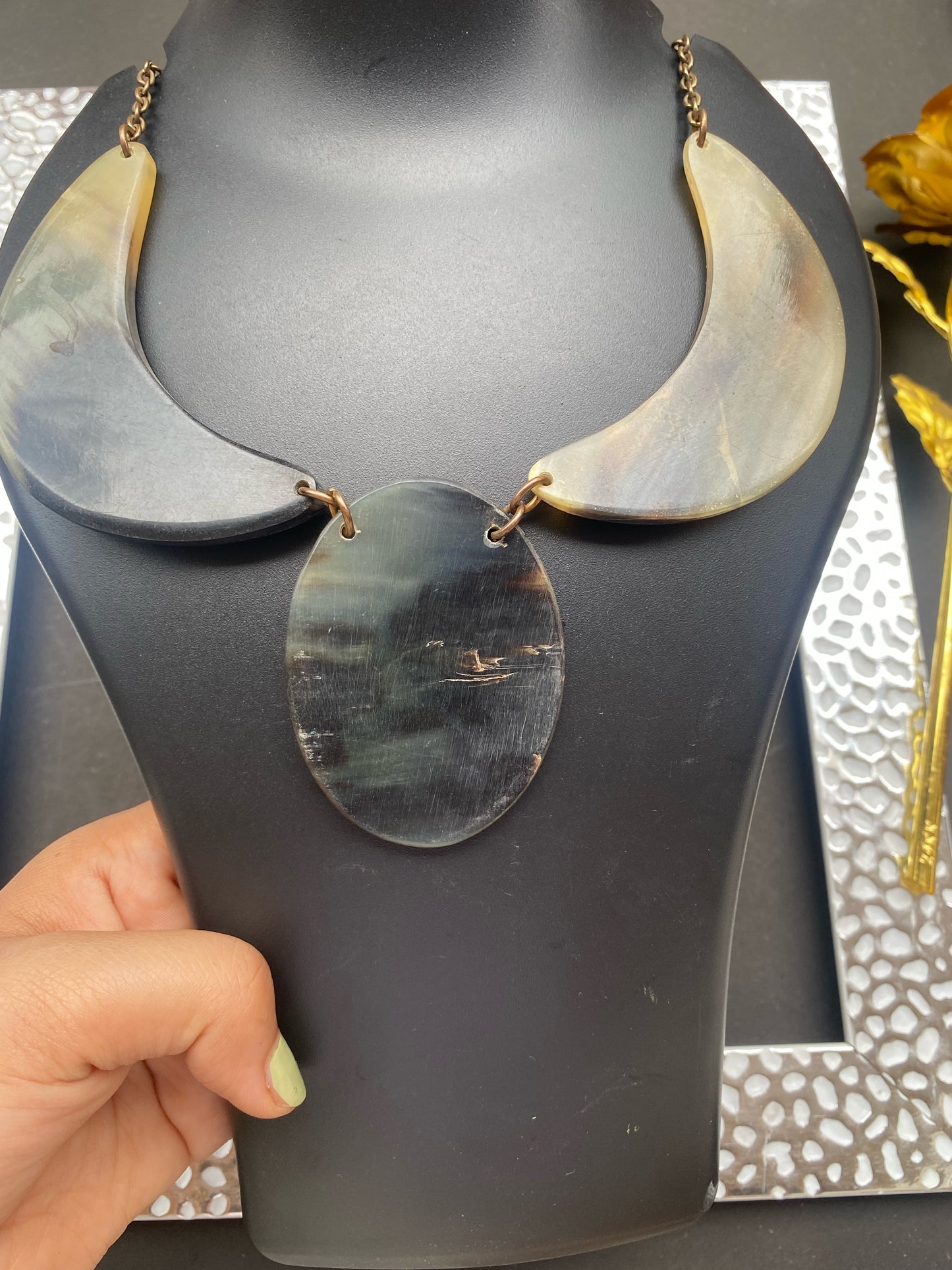 Handcrafted Horn Statement Necklace – Crescent & Oval Design