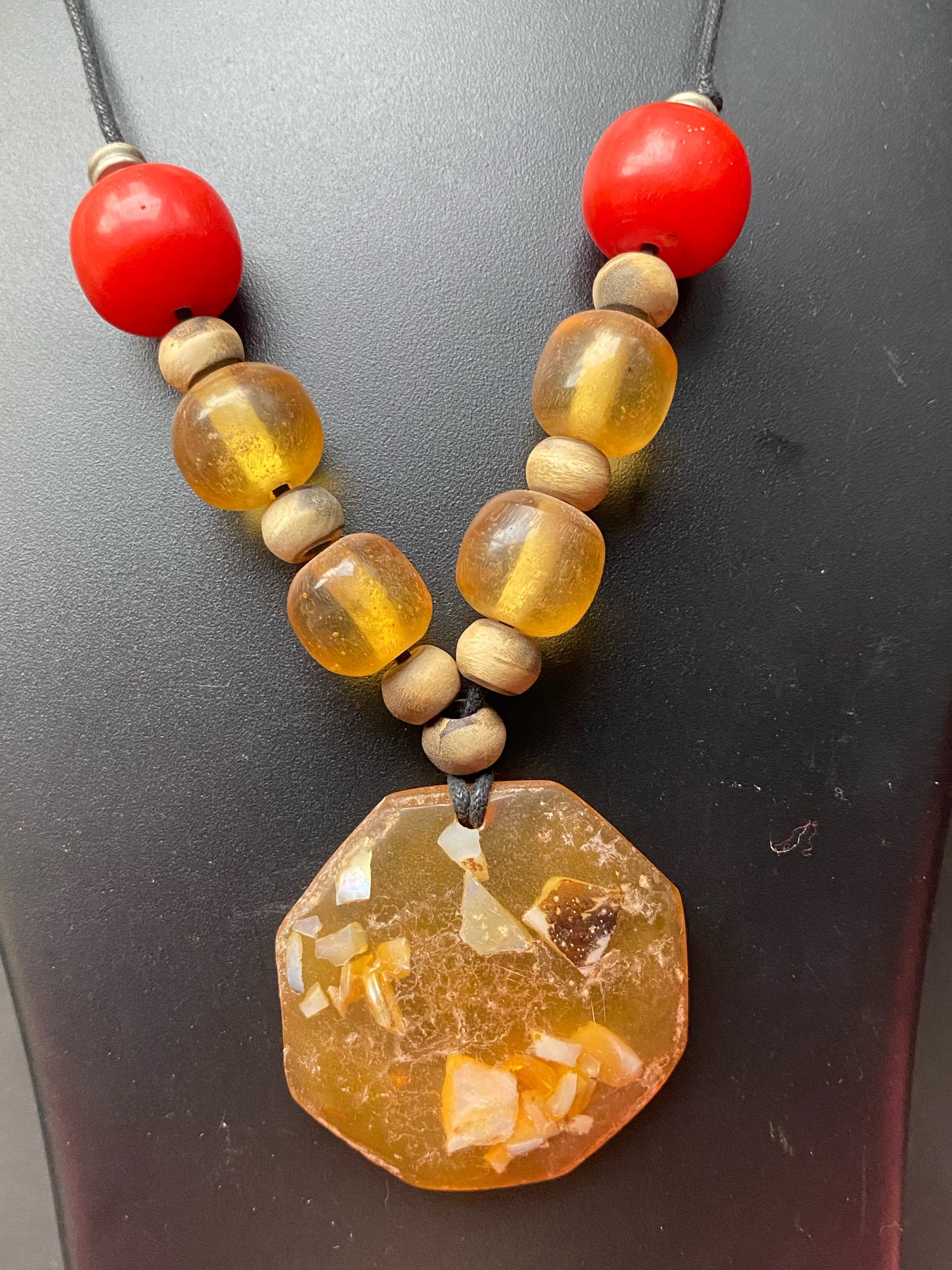 Bohemian Amber Resin & Red Bead Statement Necklace