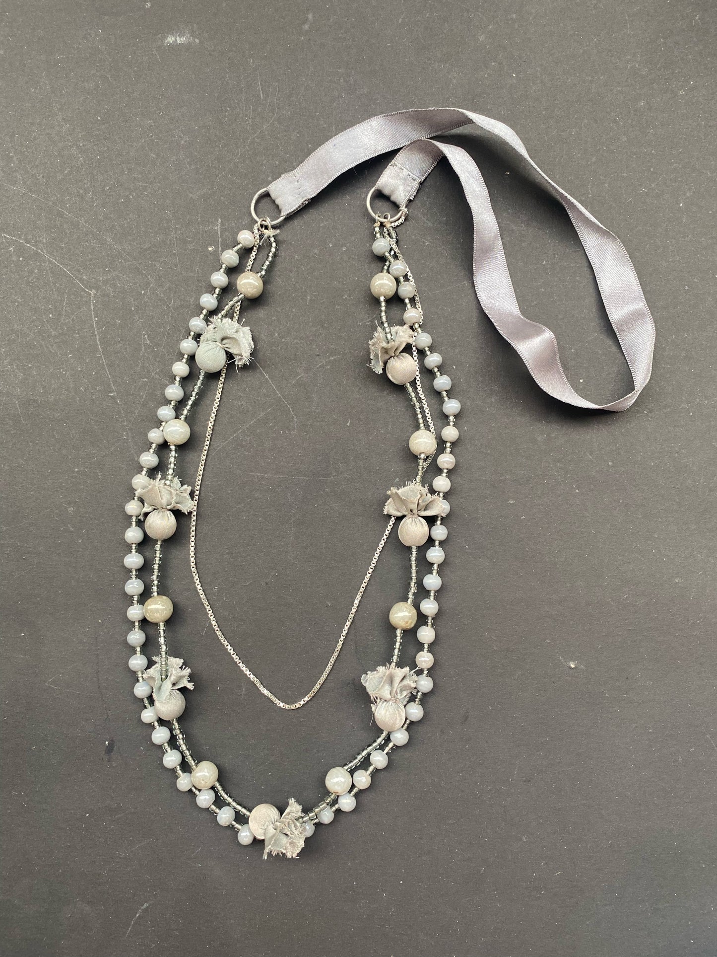 Grey Beaded Layered Necklace with Fabric Accents