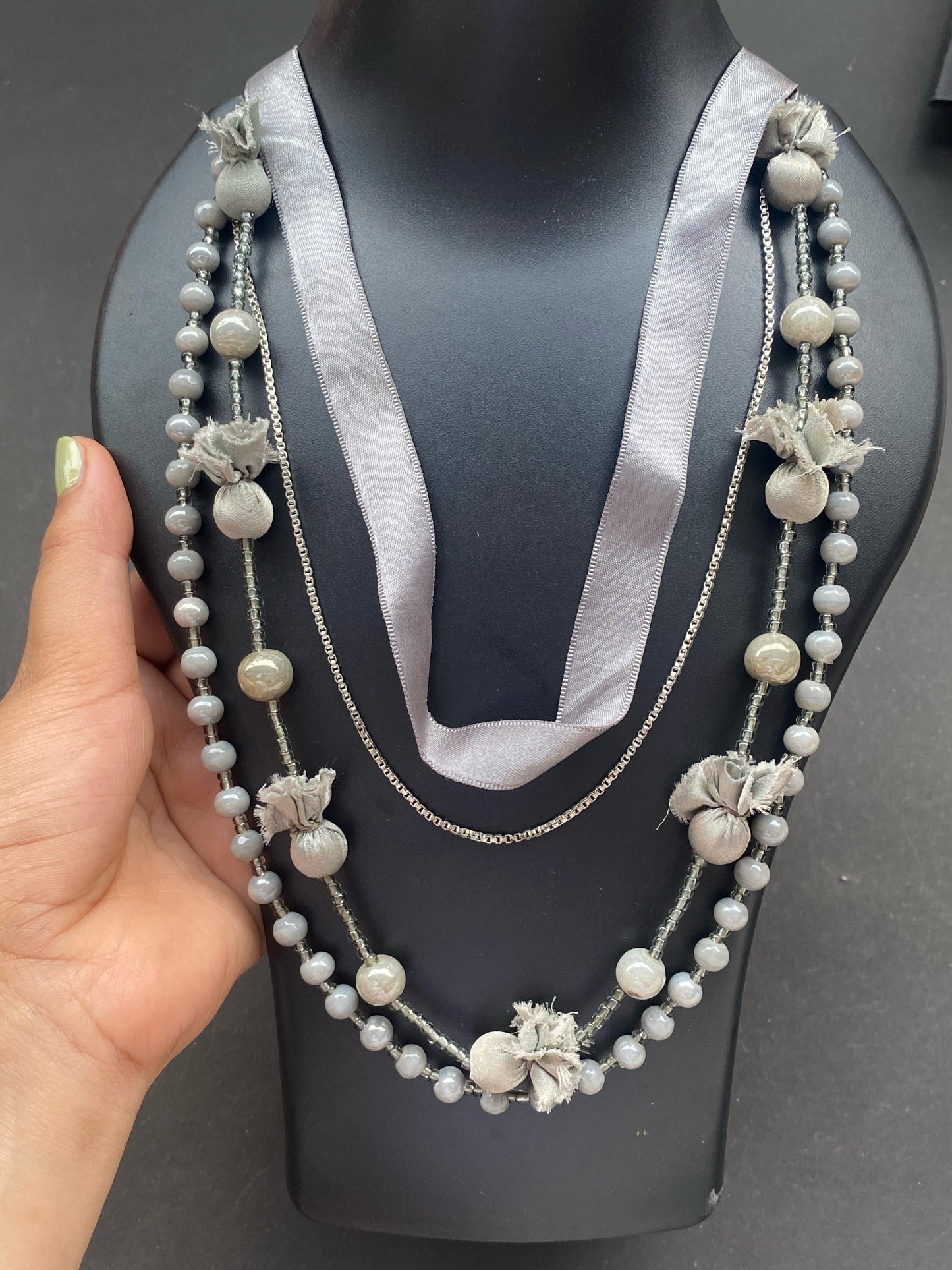 Grey Beaded Layered Necklace with Fabric Accents