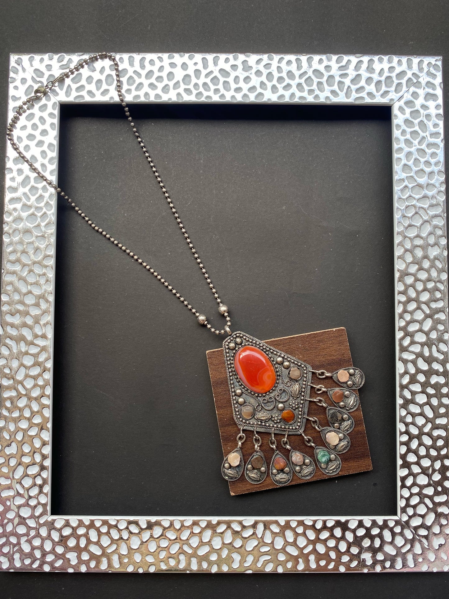 Tribal Antique Silver Necklace with Carnelian Stone and Dangling Charms