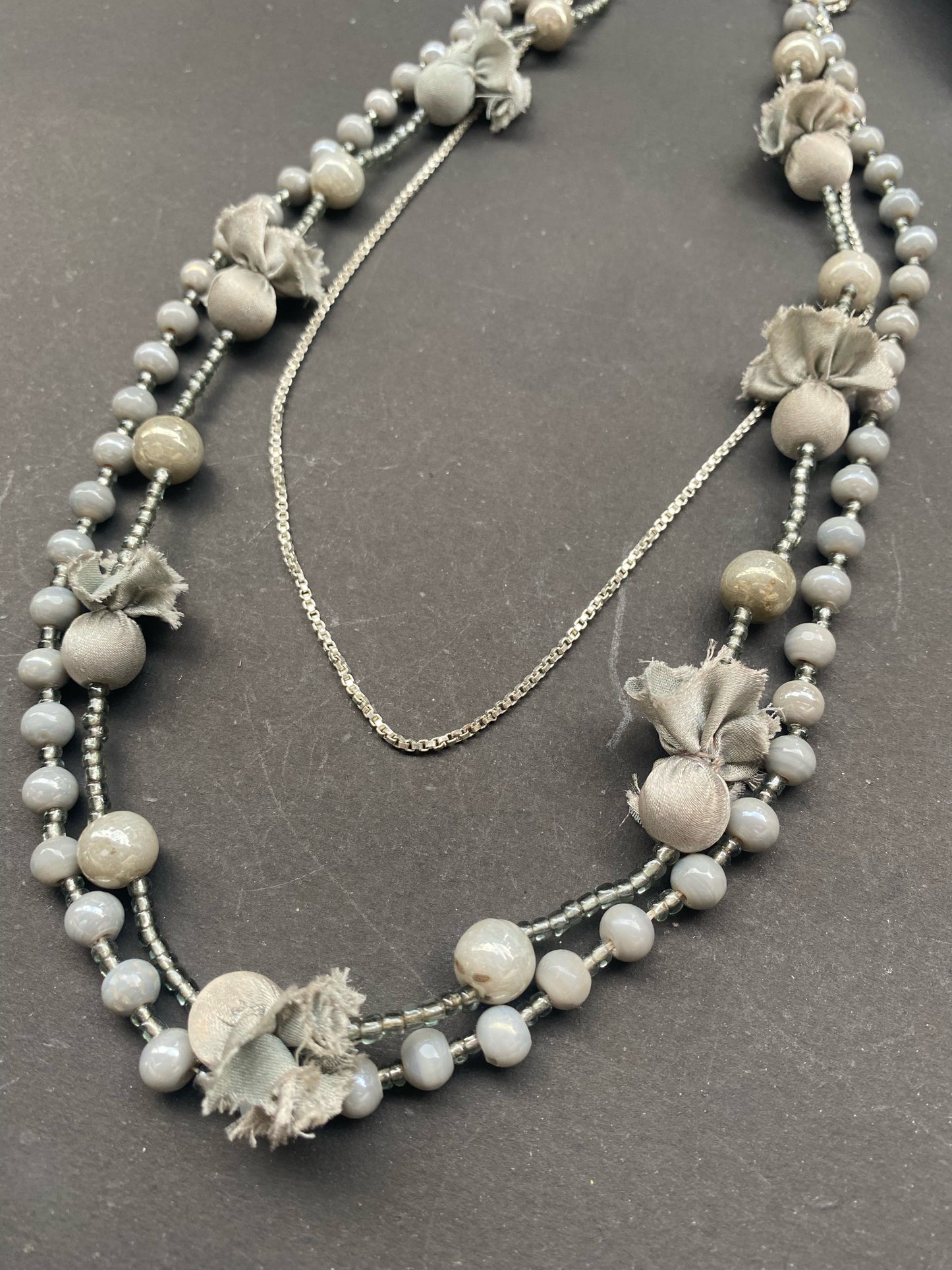 Grey Beaded Layered Necklace with Fabric Accents