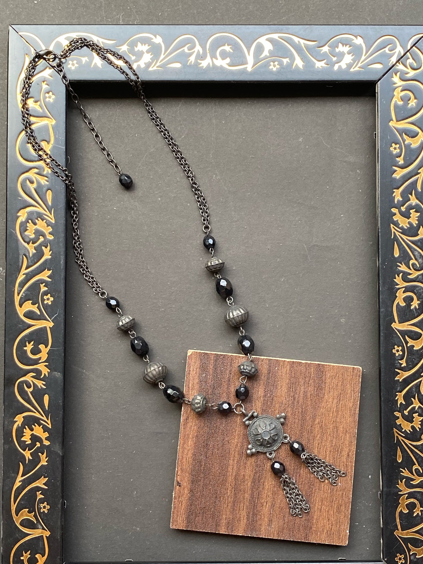 Black Bead & Oxidised Silver Pendant Necklace