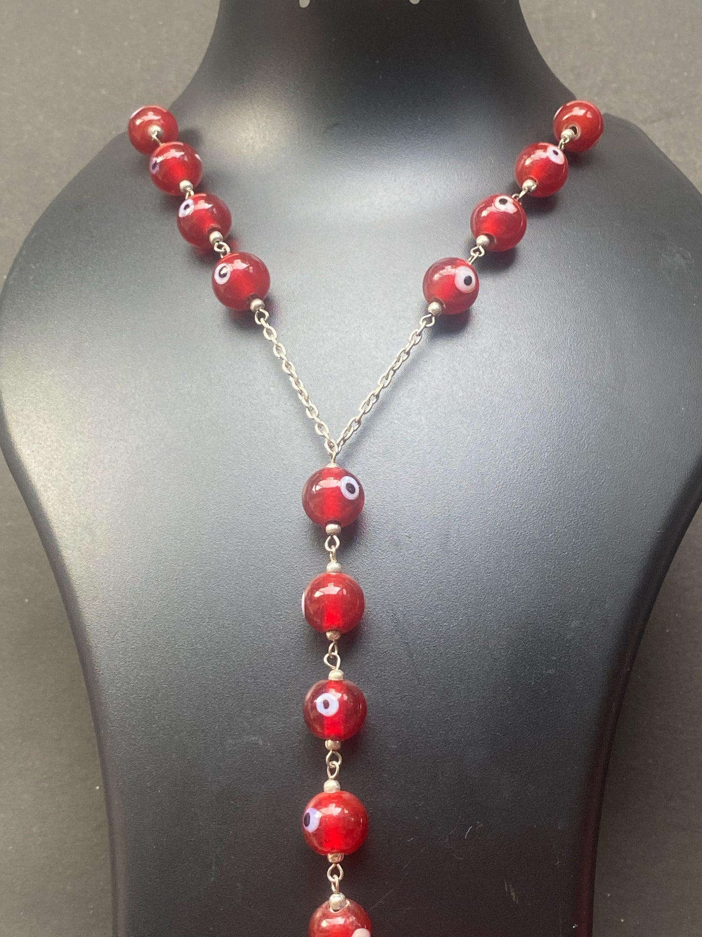 Red Evil Eye Beaded Necklace with Hamsa Pendant