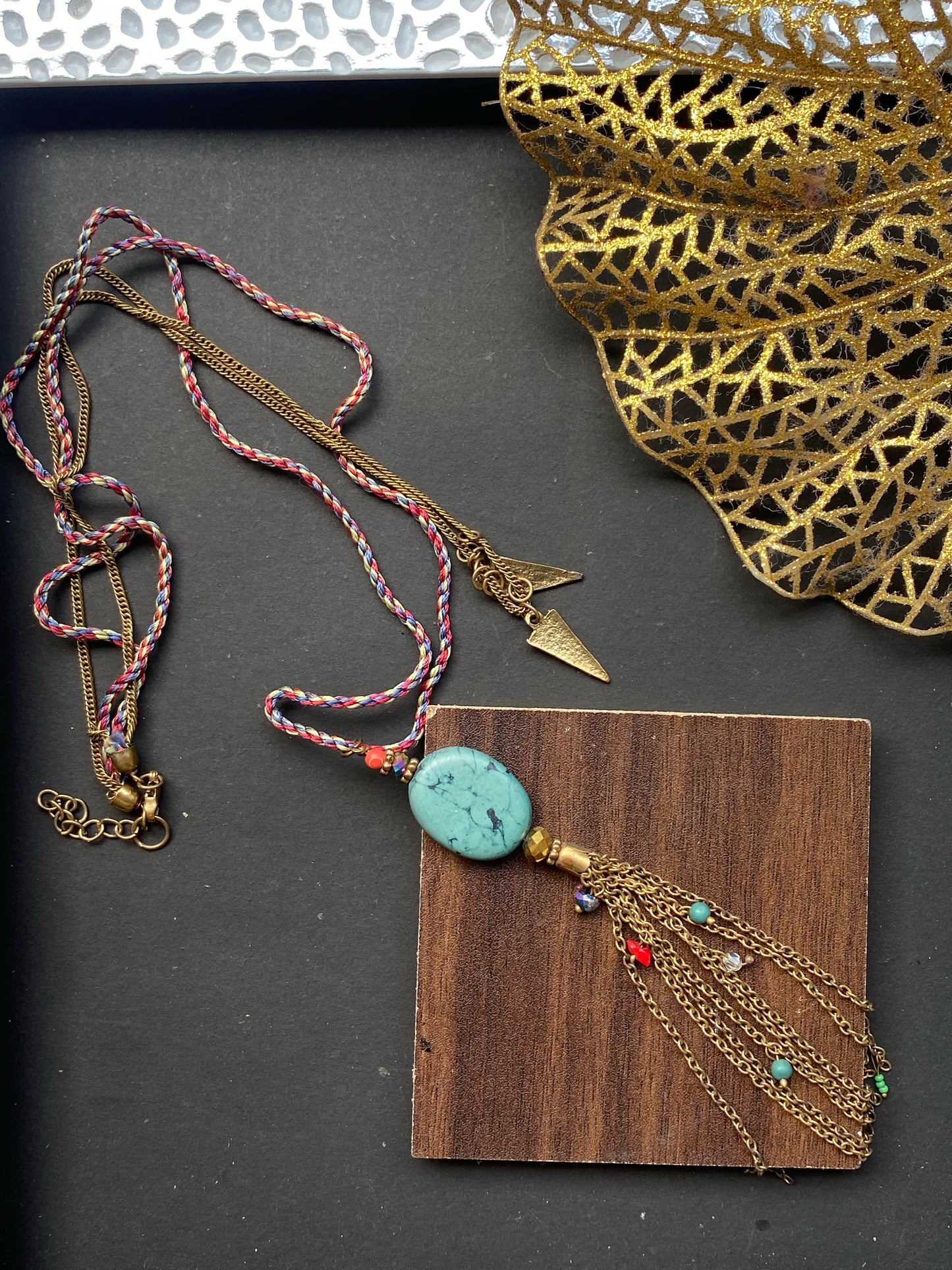 Bohemian Layered Necklace with Turquoise Stone & Tassel Pendant