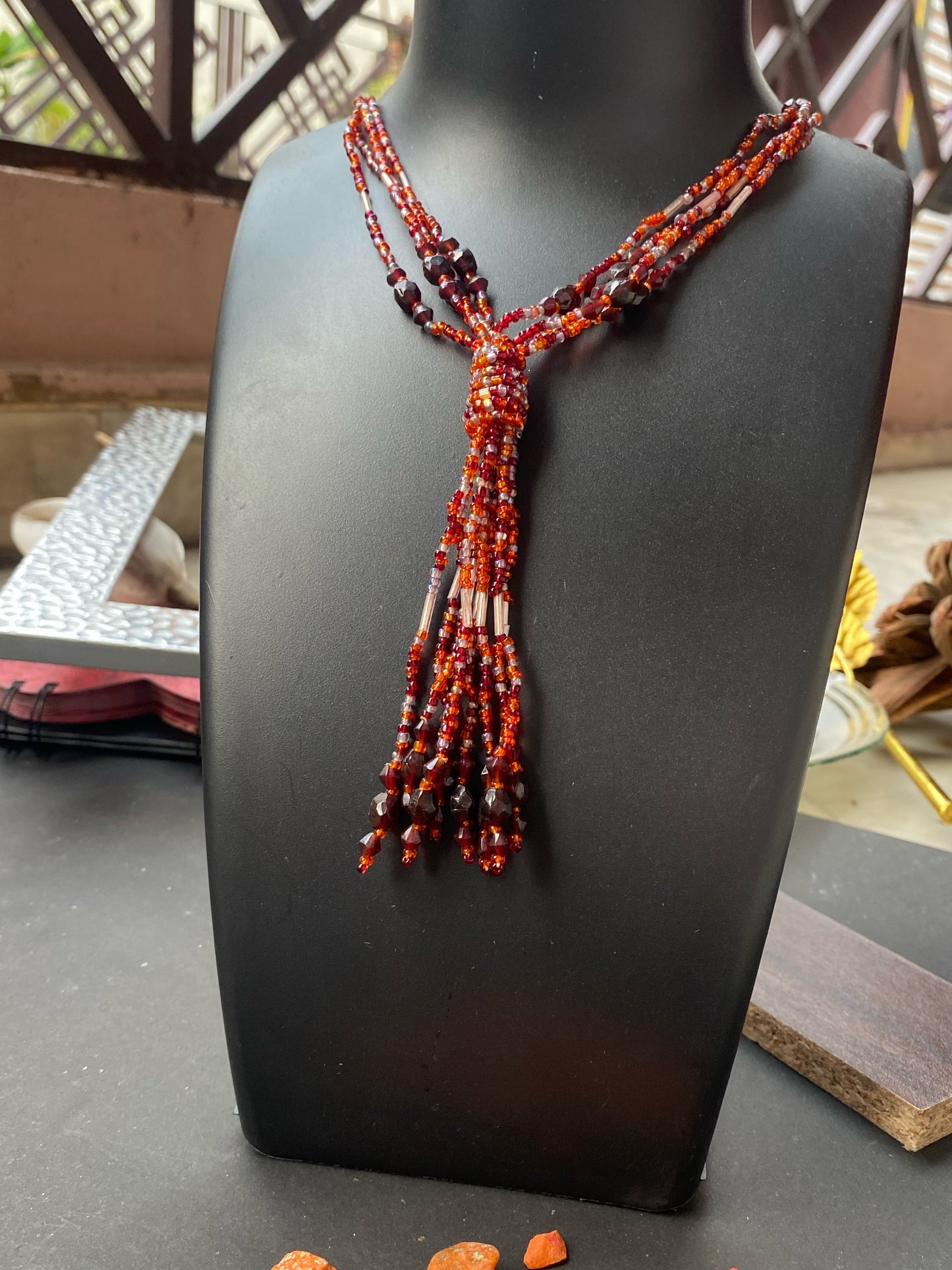 Multi-Strand Red Beaded Tassel Necklace – Festive Statement Piece