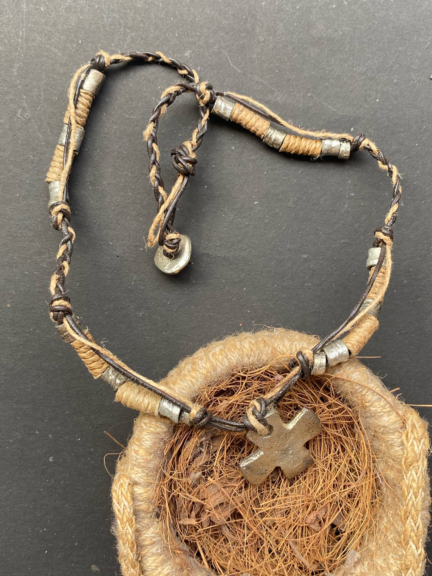Rustic Tribal Cross Pendant Necklace – Handmade Leather & Metal Beads