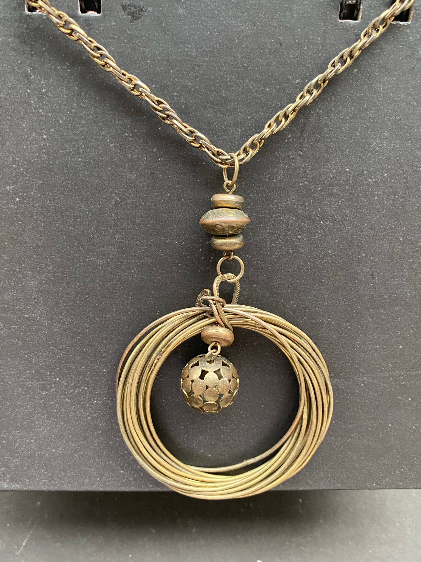 Antique Brass Layered Ring Pendant Necklace