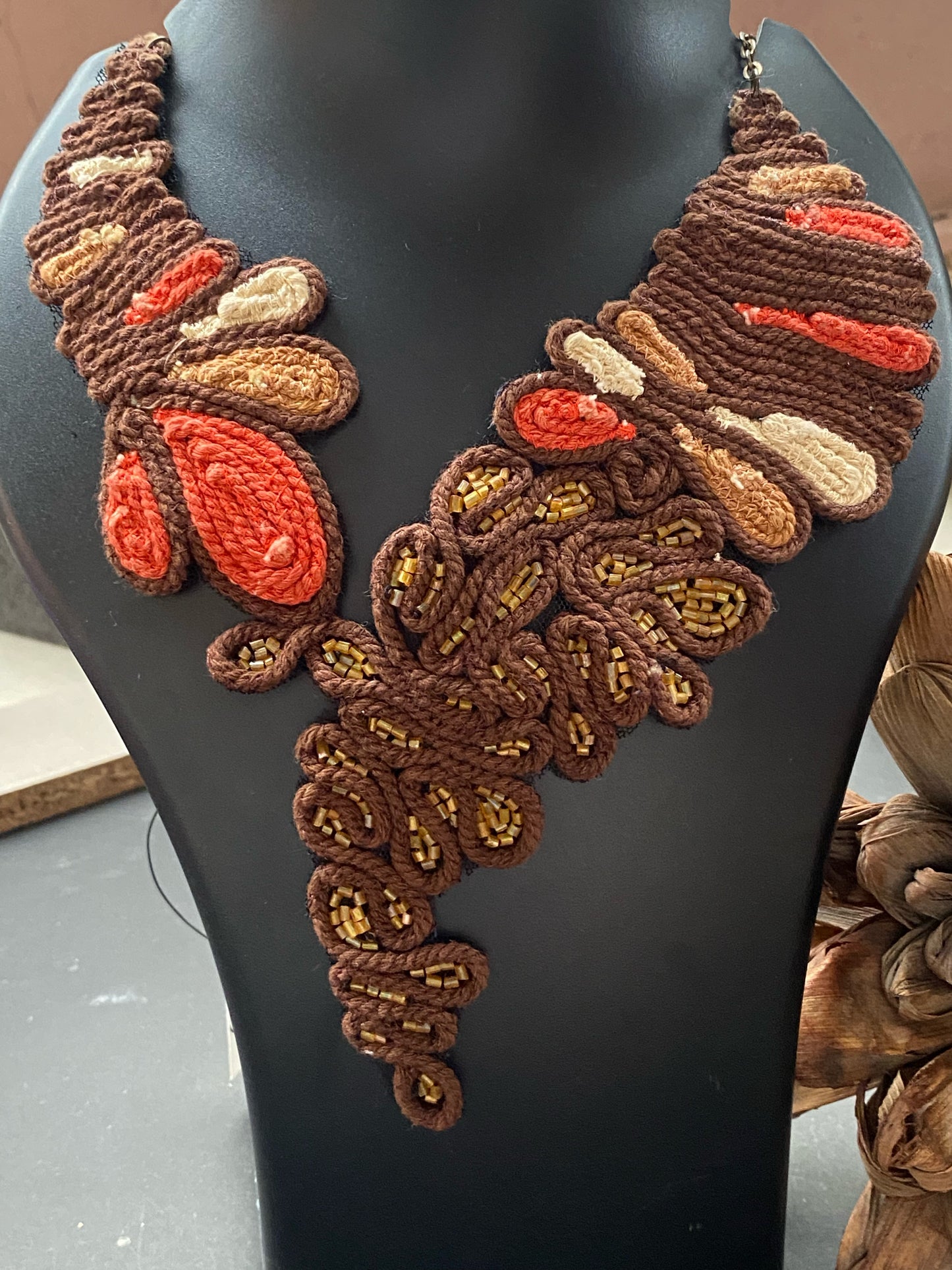 Handcrafted Macrame Statement Necklace – Earthy Brown & Red
