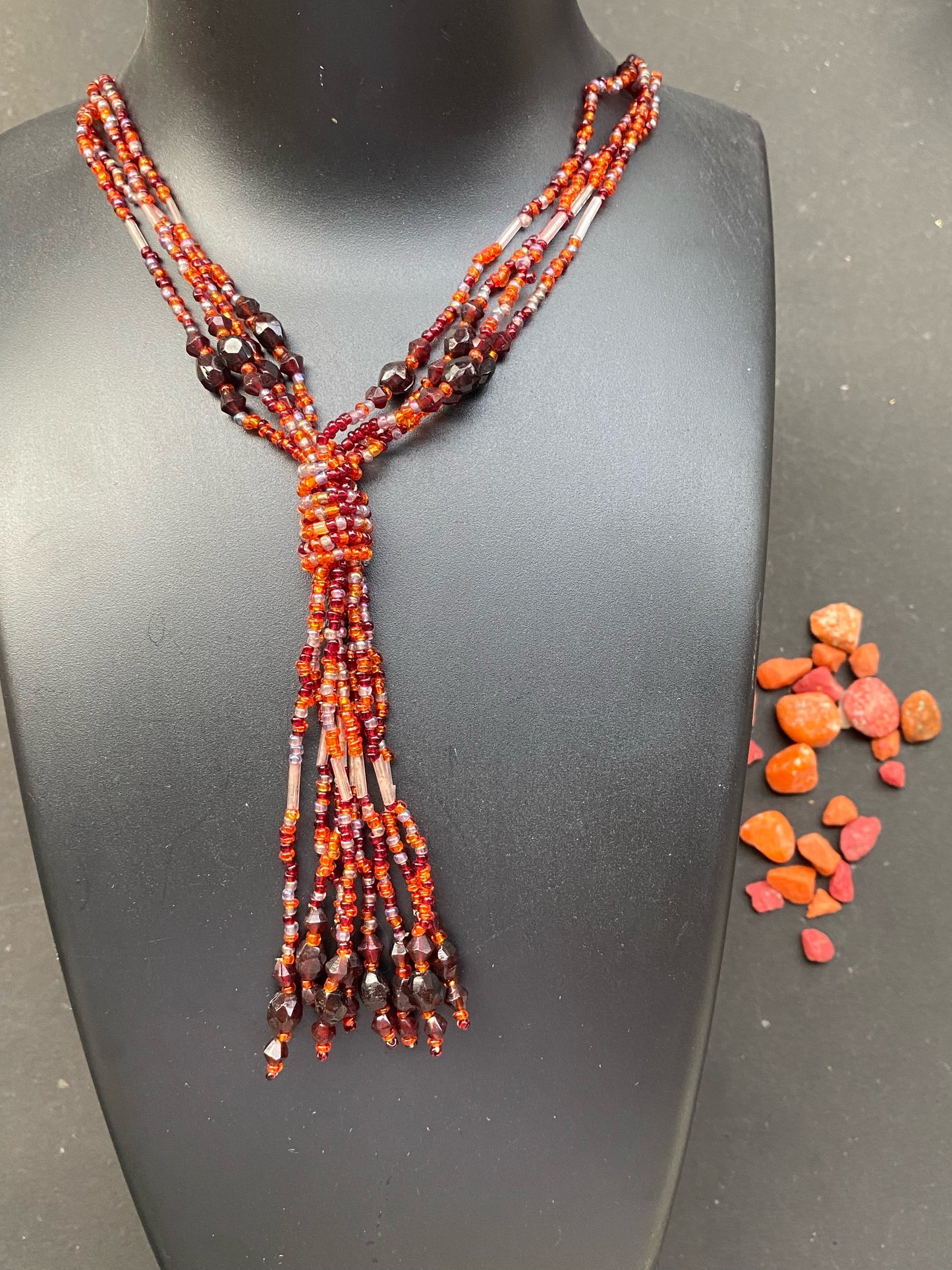 Multi-Strand Red Beaded Tassel Necklace – Festive Statement Piece