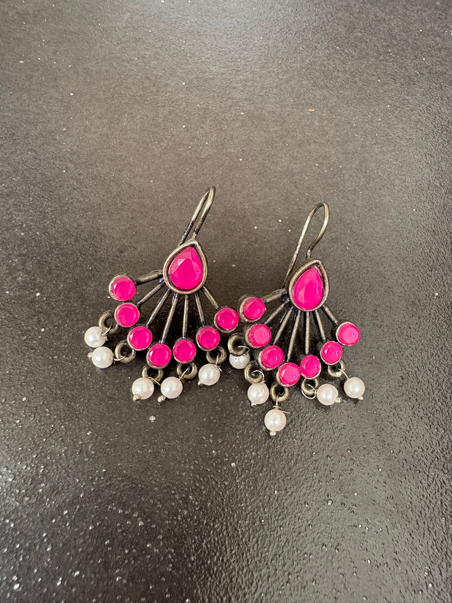Antique Oxidised Pink Stone & Pearl Drop Earrings