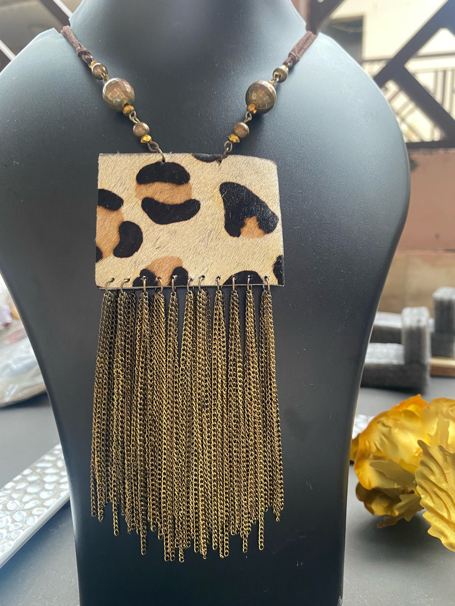 Leopard Print Tassel Statement Necklace – Boho Chic