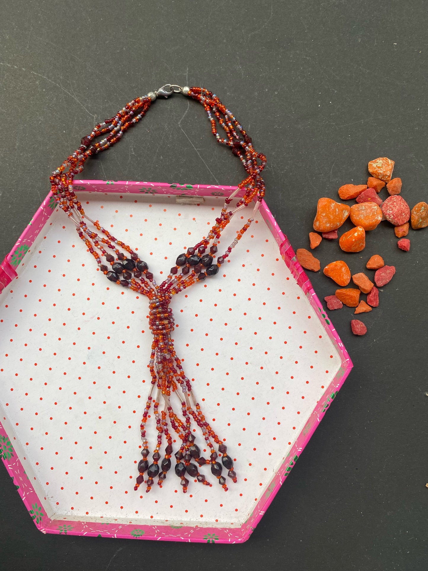 Multi-Strand Red Beaded Tassel Necklace – Festive Statement Piece