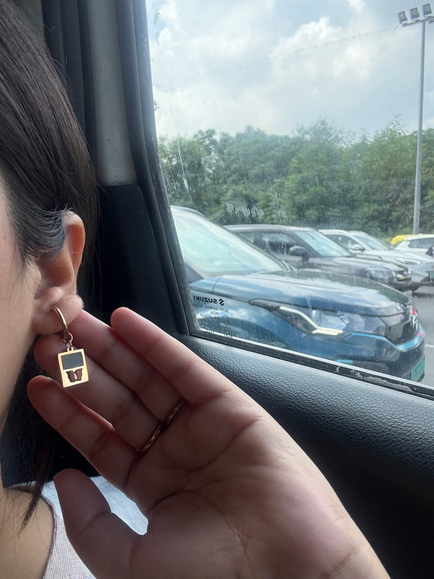 Gold-Plated Hoop Earrings with Black Enamel & Butterfly Charm