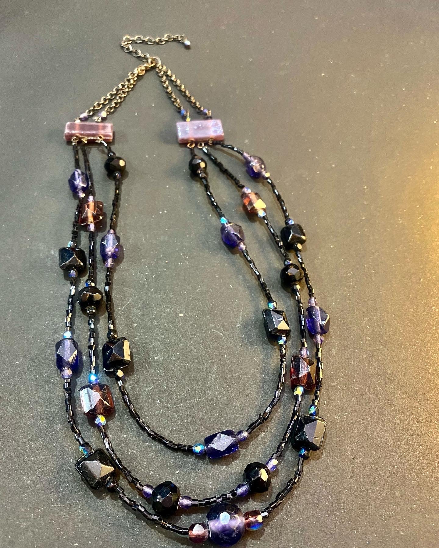 Triple-Strand Beaded Statement Necklace – Midnight Hues