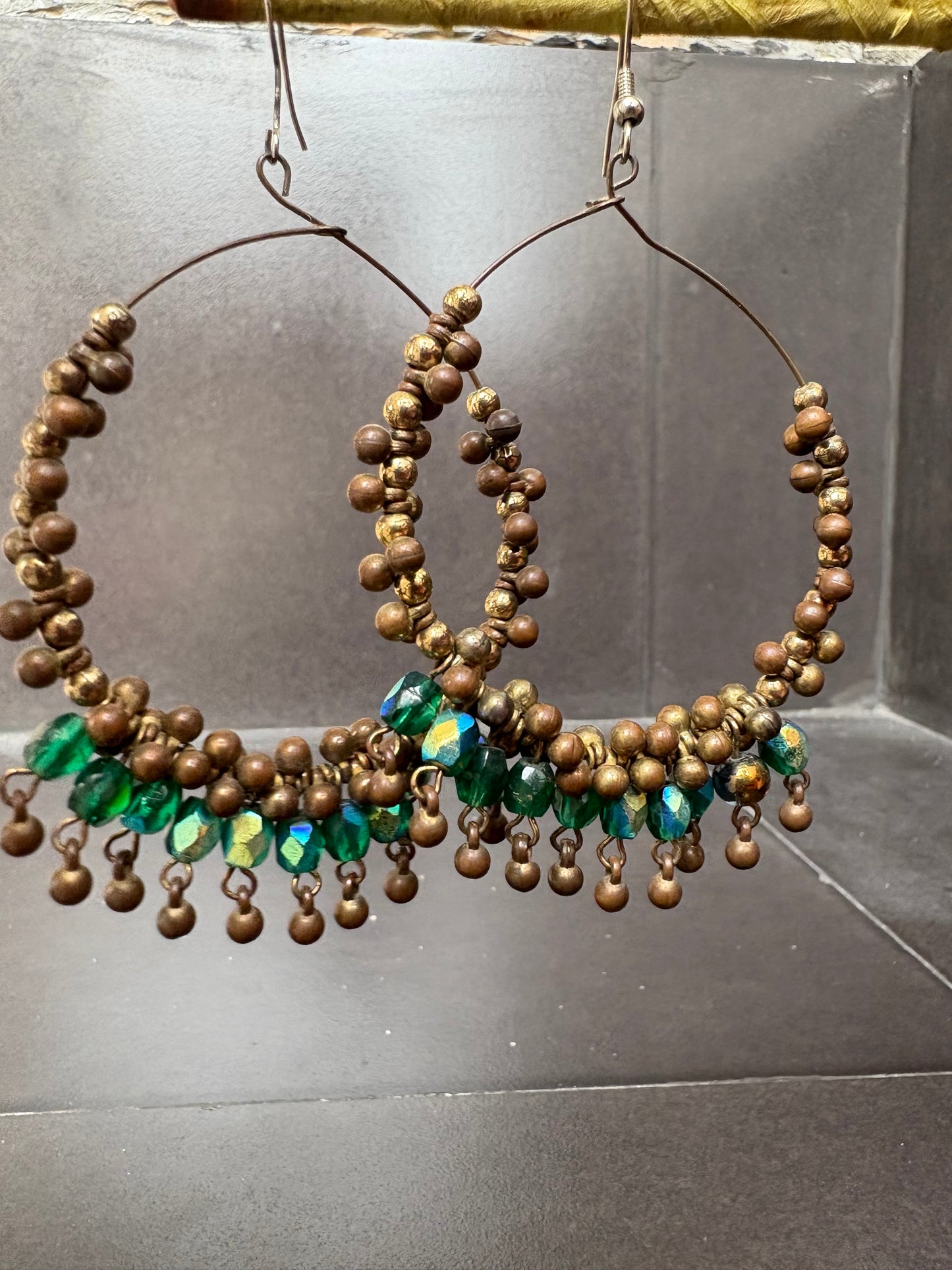 Bohemian Beaded Hoop Earrings – Antique Bronze & Emerald Green
