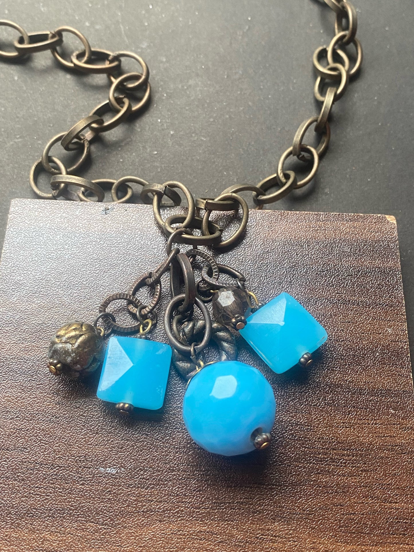 Rustic Pendant Necklace with Blue Bead Charms