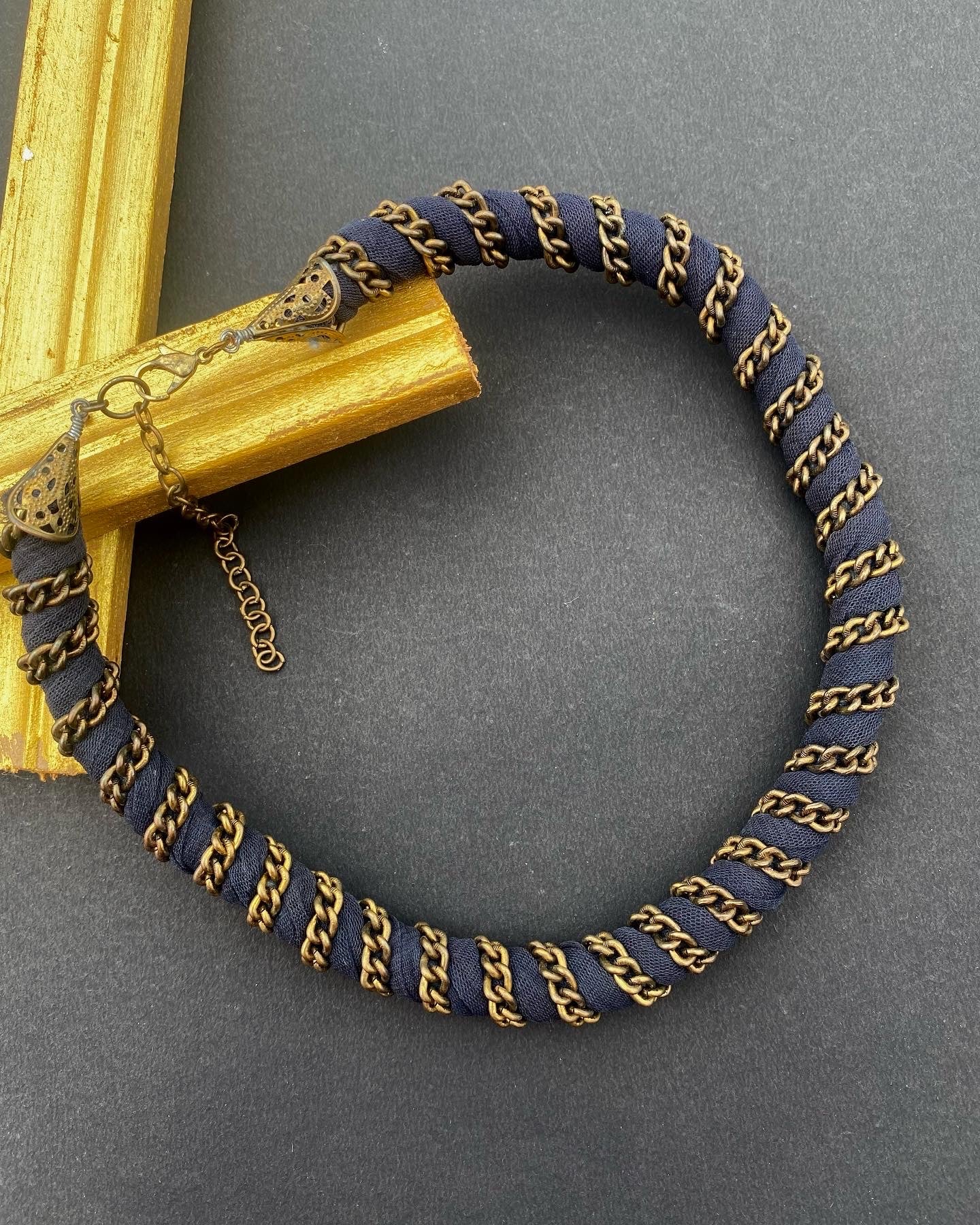 Antique Bronze Chain-Wrapped Fabric Necklace