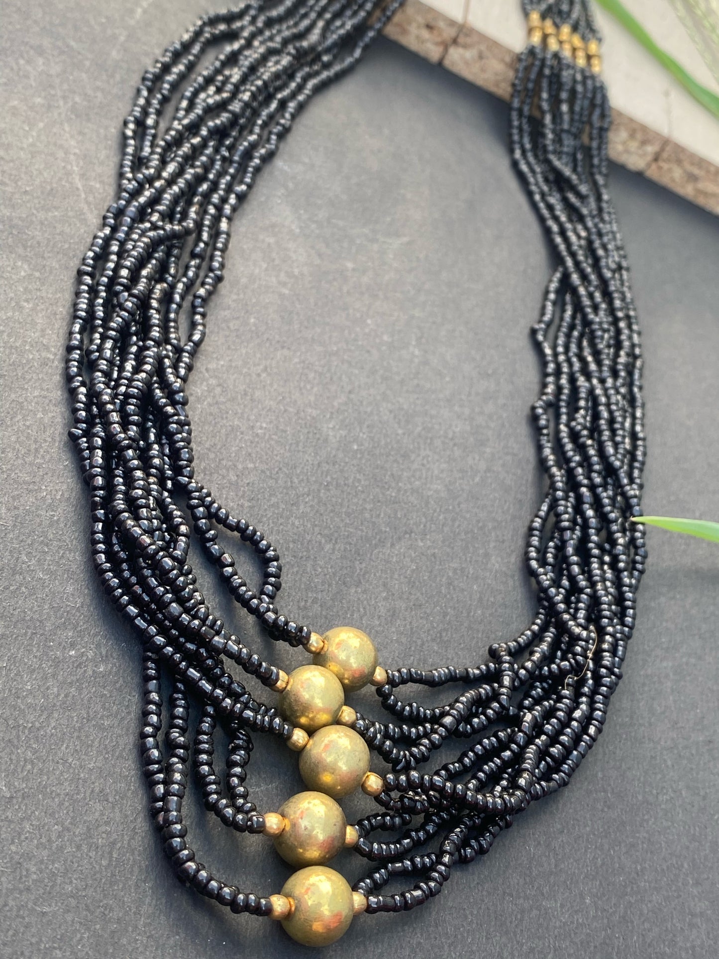 Black Multi-Strand Beaded Necklace with Antique Gold Accents