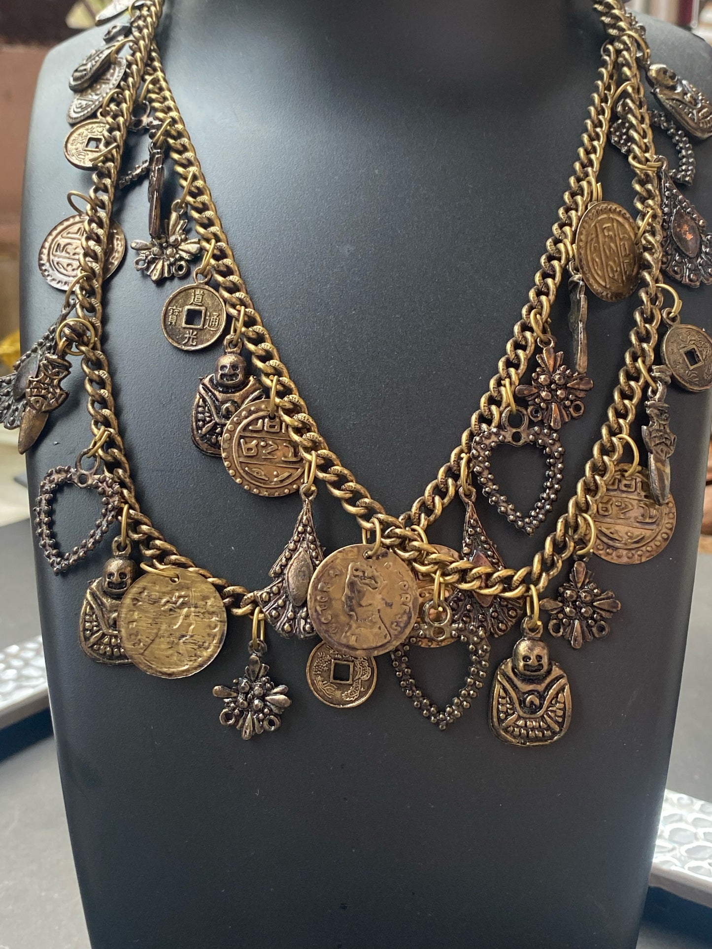 Antique Gold Multi-Layer Coin & Charm Statement Necklace
