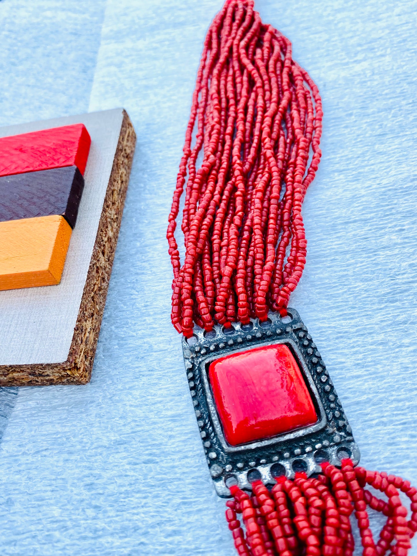 Red Beaded Statement Necklace with Square Accents