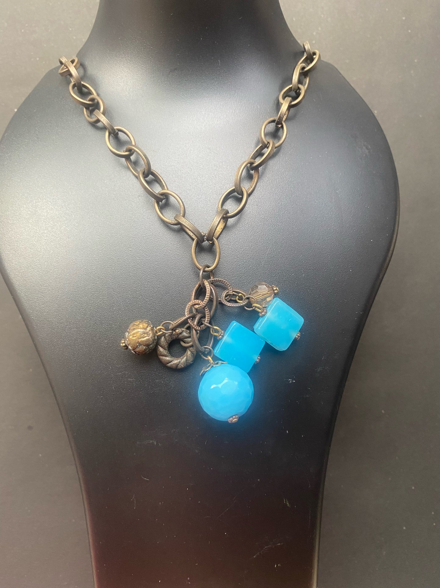 Rustic Pendant Necklace with Blue Bead Charms