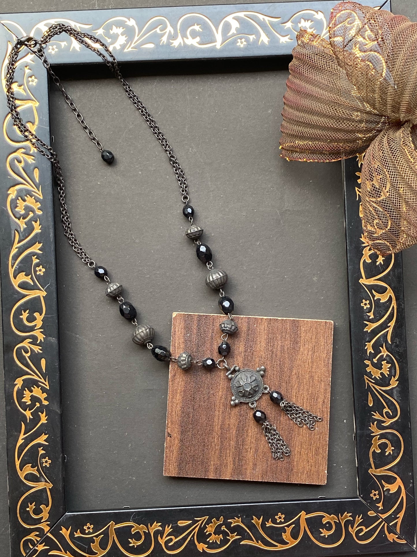 Black Bead & Oxidised Silver Pendant Necklace