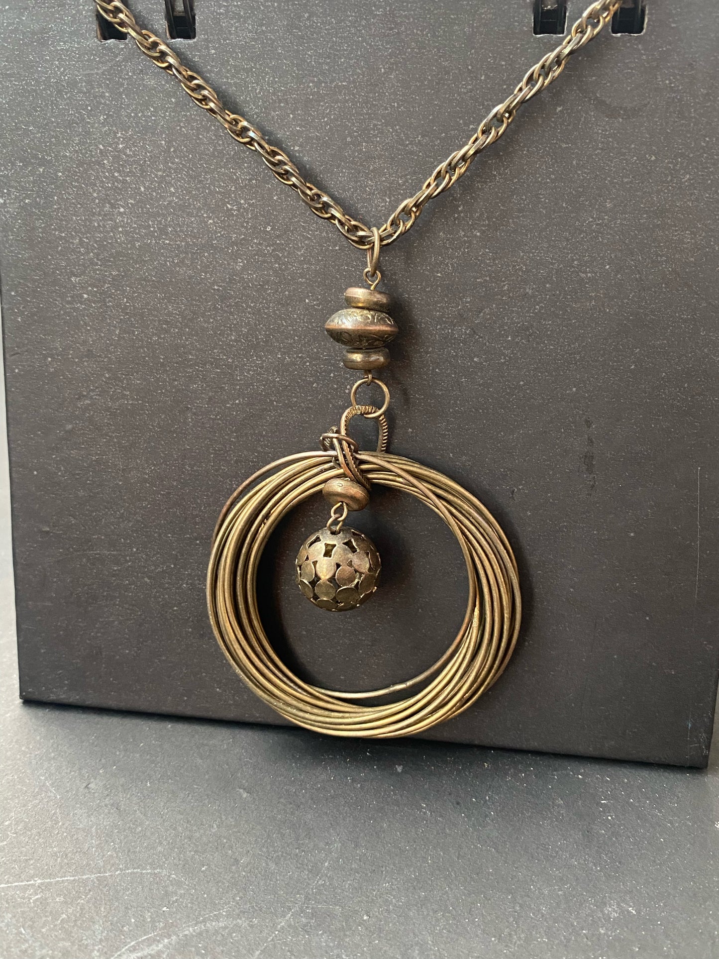 Antique Brass Layered Ring Pendant Necklace