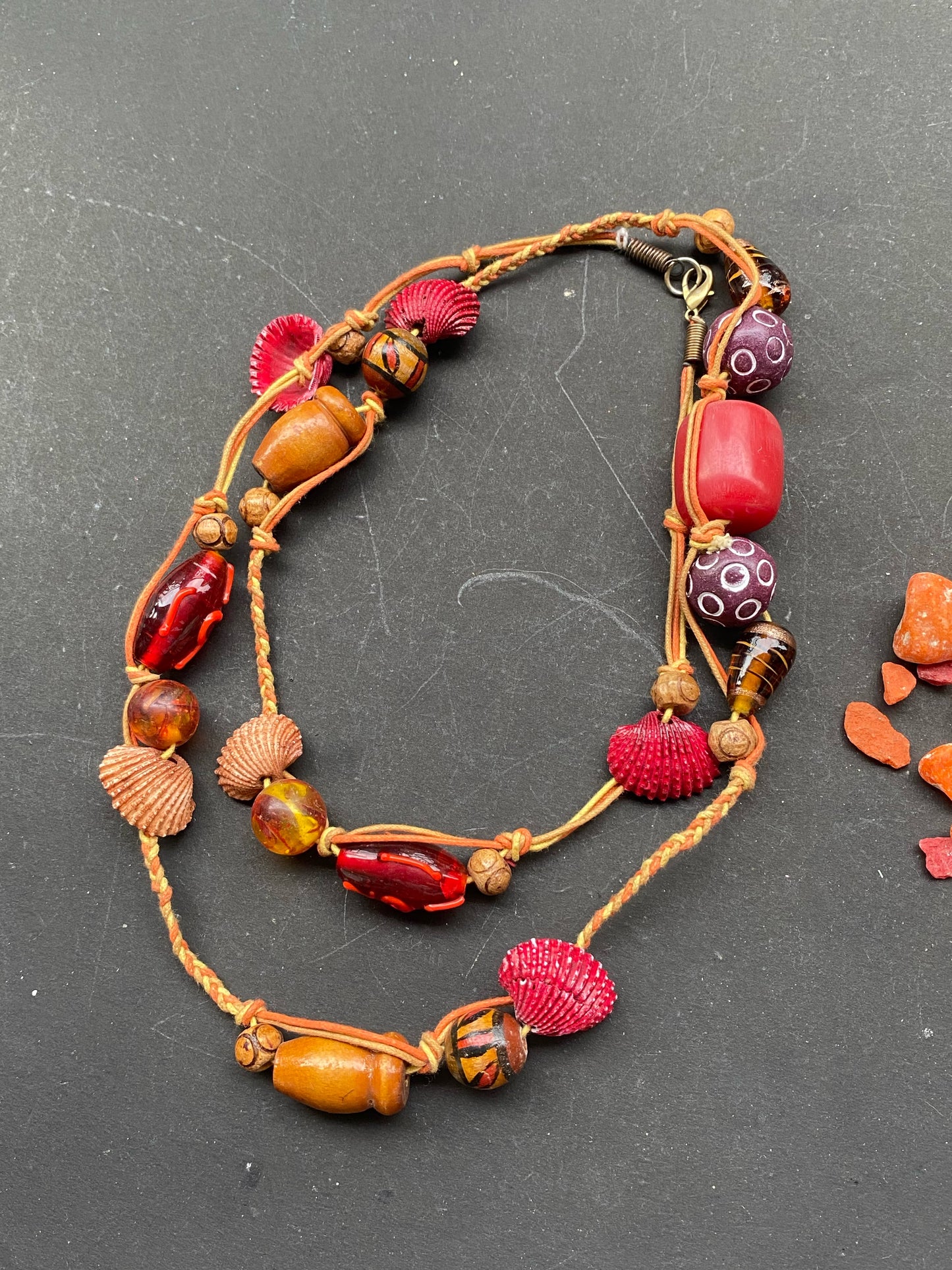 Boho Chic Handmade Bead & Shell Necklace – Red & Earthy Tones
