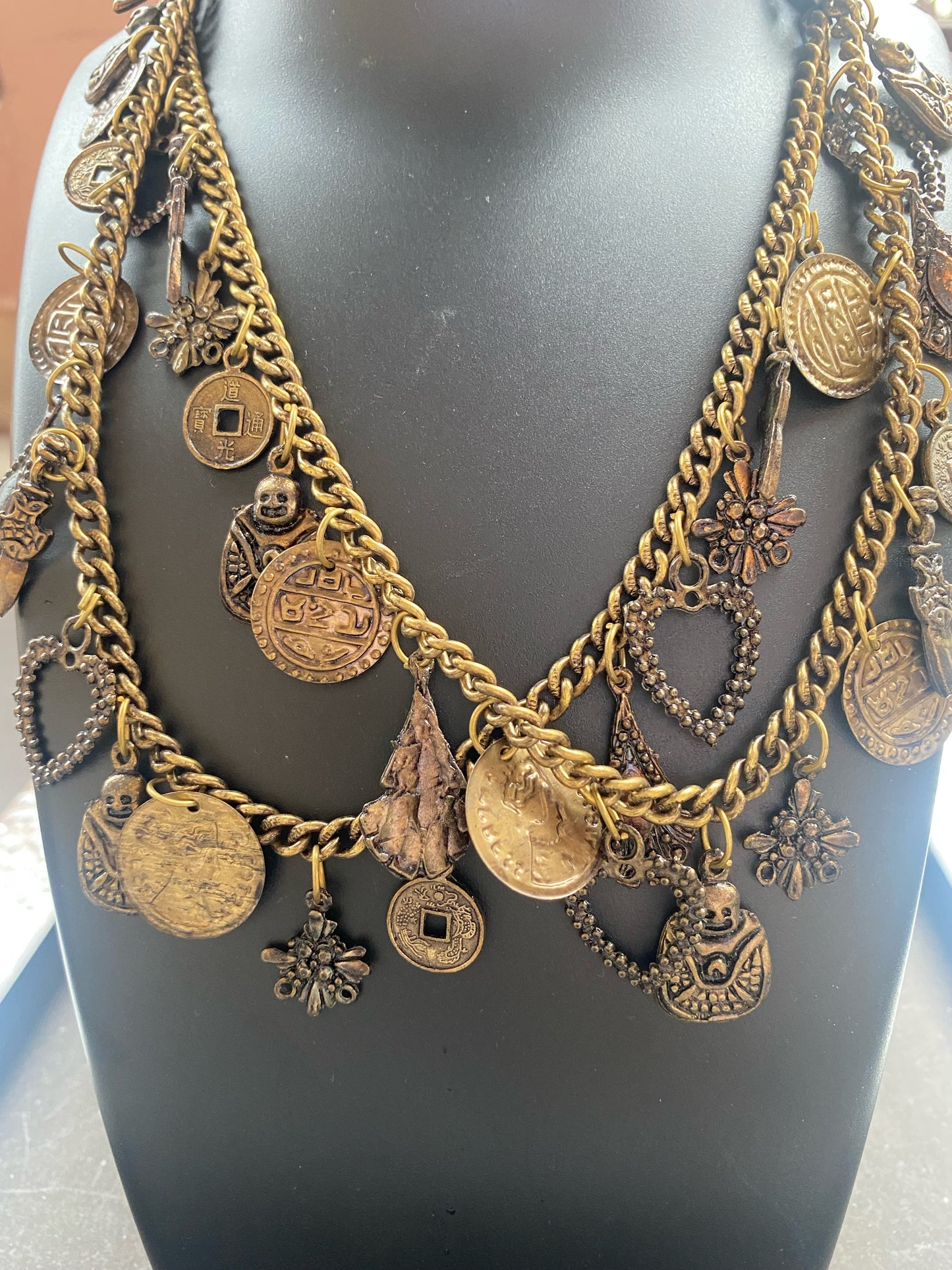 Antique Gold Multi-Layer Coin & Charm Statement Necklace