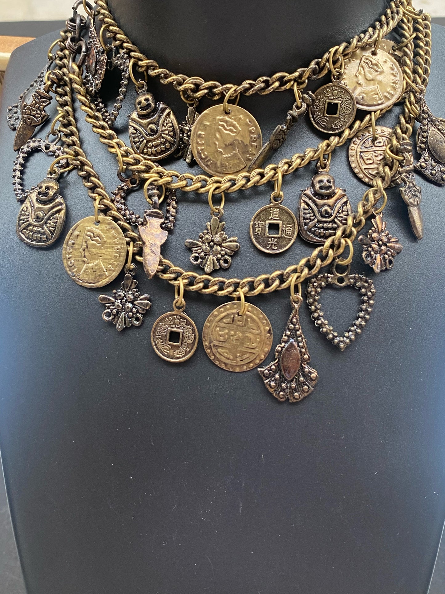 Antique Gold Multi-Layer Coin & Charm Statement Necklace
