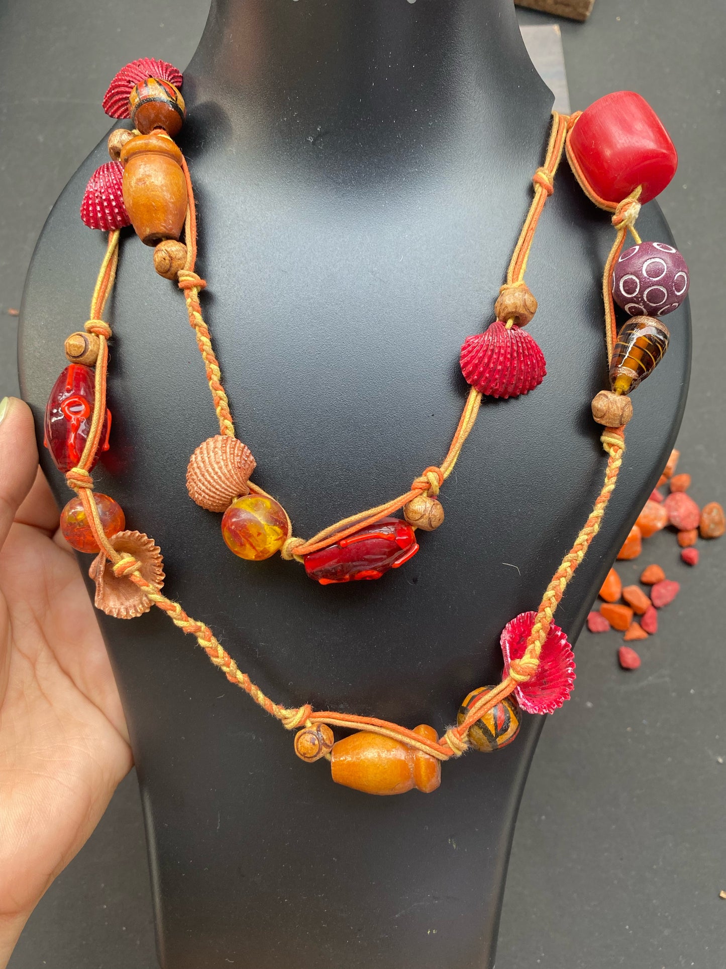 Boho Chic Handmade Bead & Shell Necklace – Red & Earthy Tones