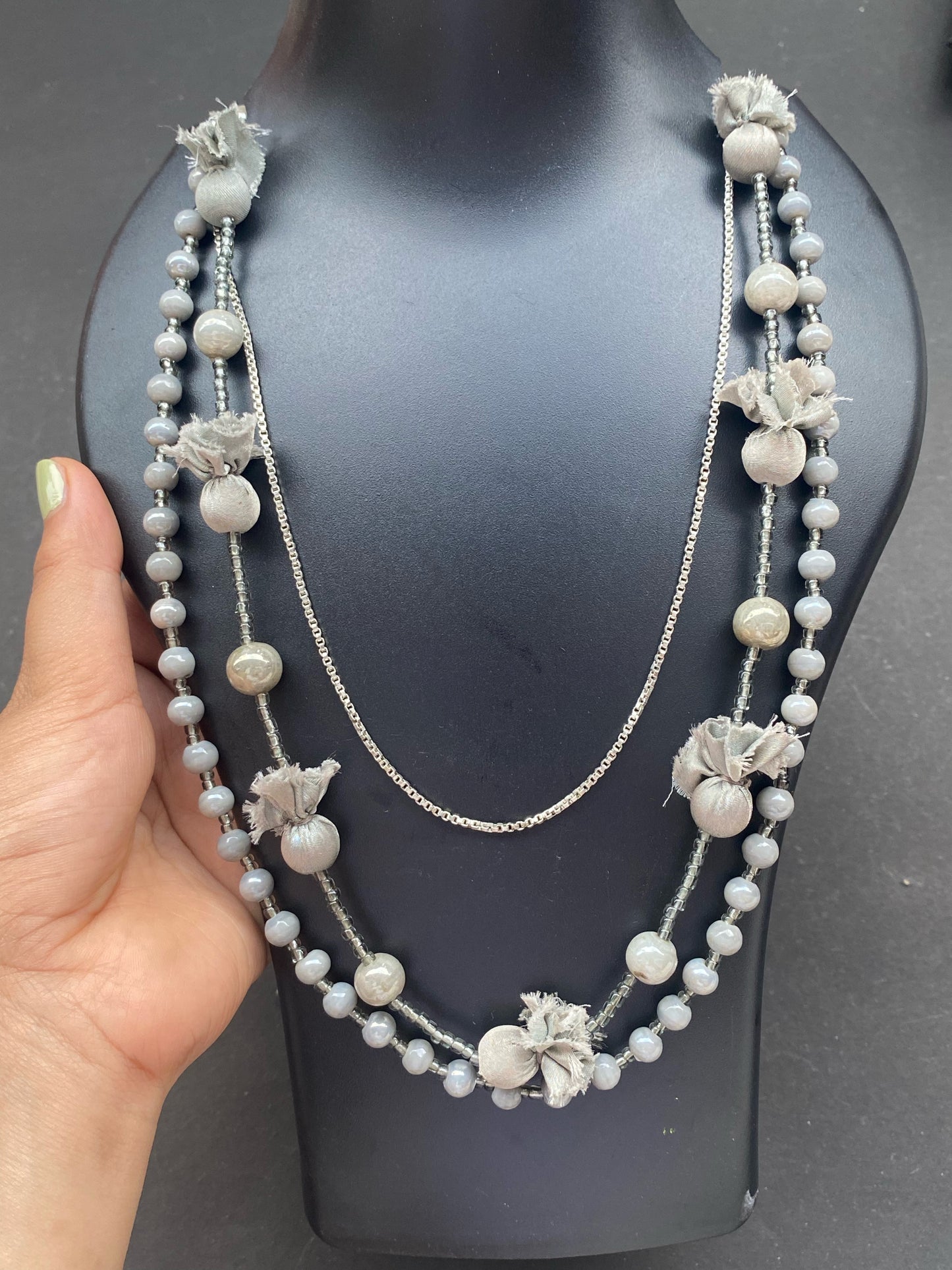 Grey Beaded Layered Necklace with Fabric Accents