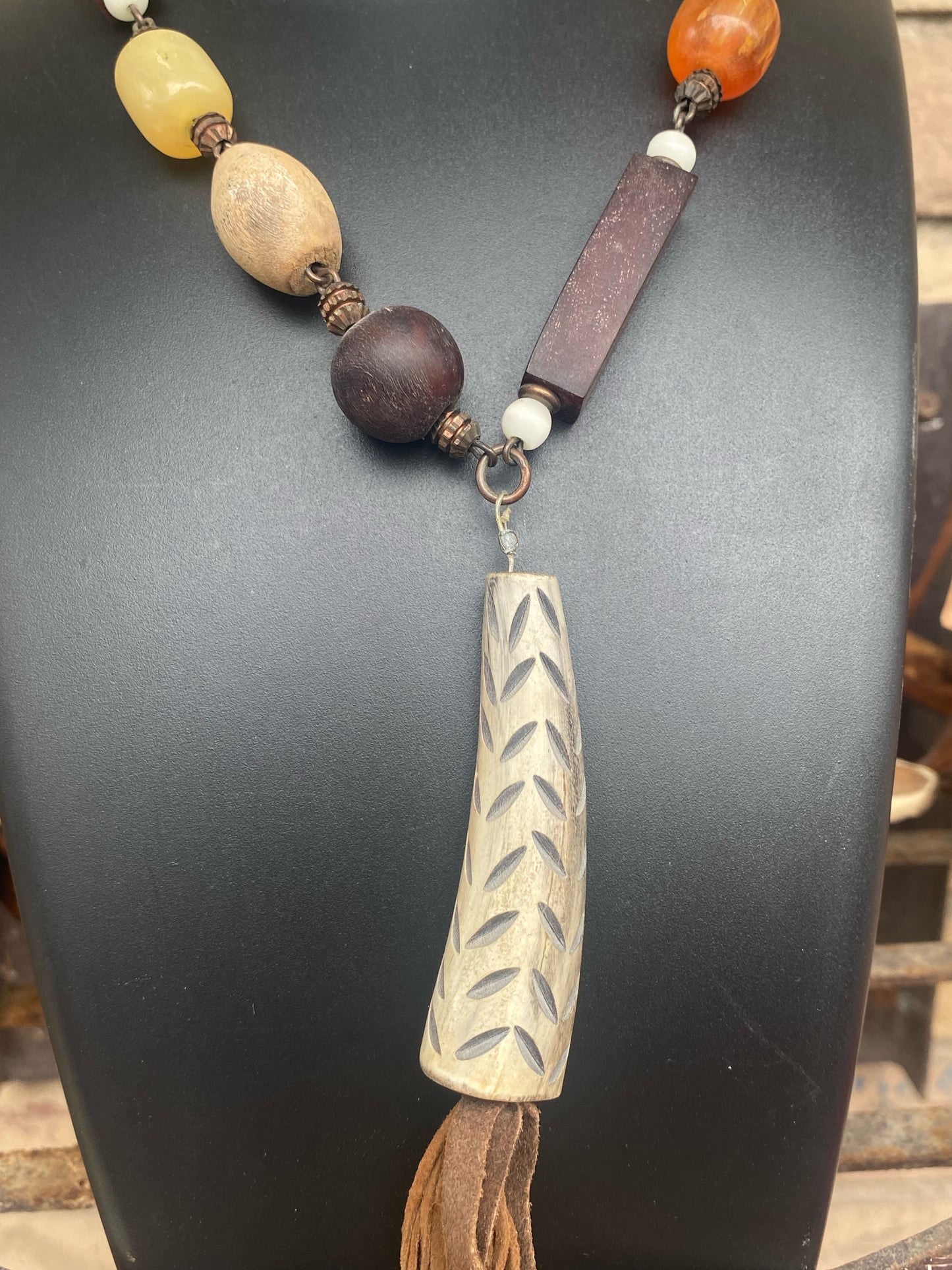 Rustic Bohemian Beaded Pendant Necklace