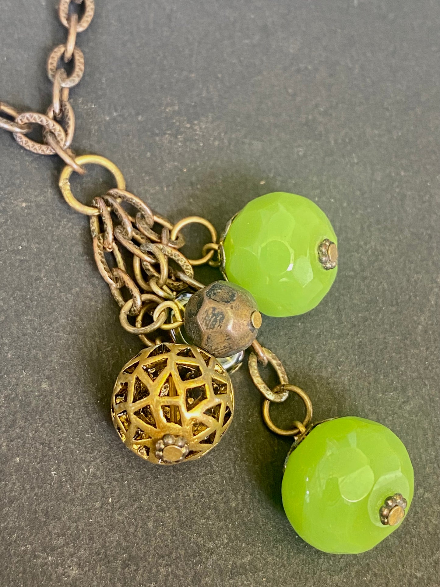Antique Brass Chain Necklace with Green Bead Charms