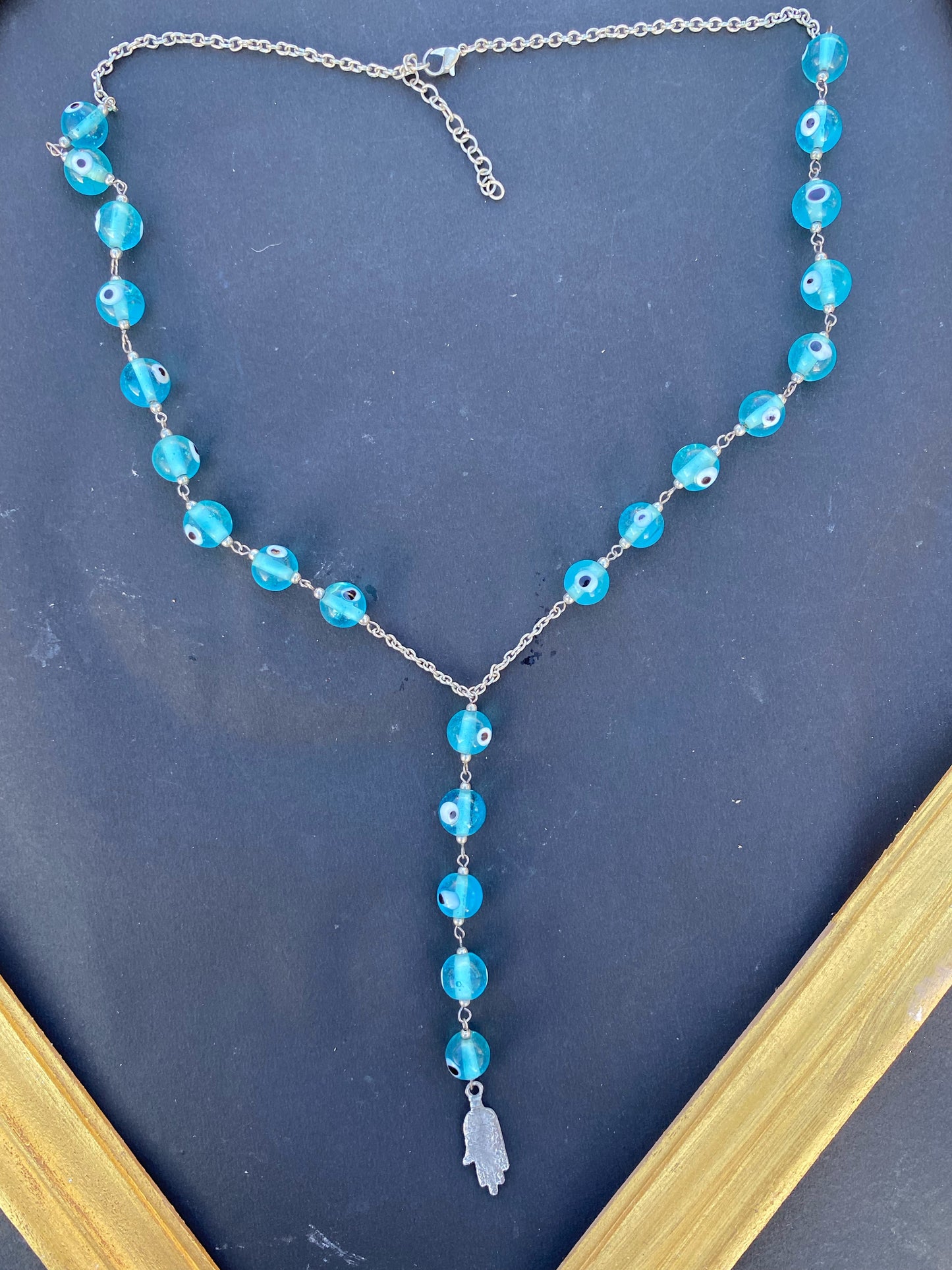 Blue Evil Eye Bead Y-Necklace with Hamsa Pendant