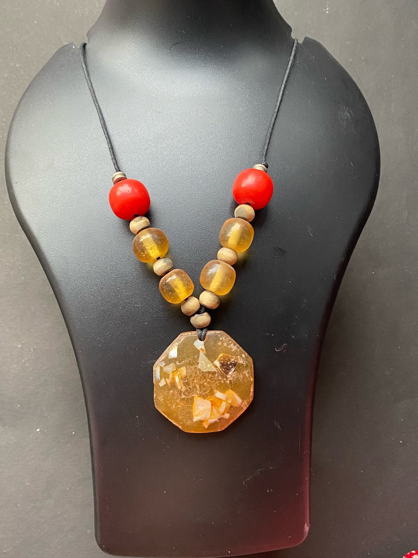 Bohemian Amber Resin & Red Bead Statement Necklace