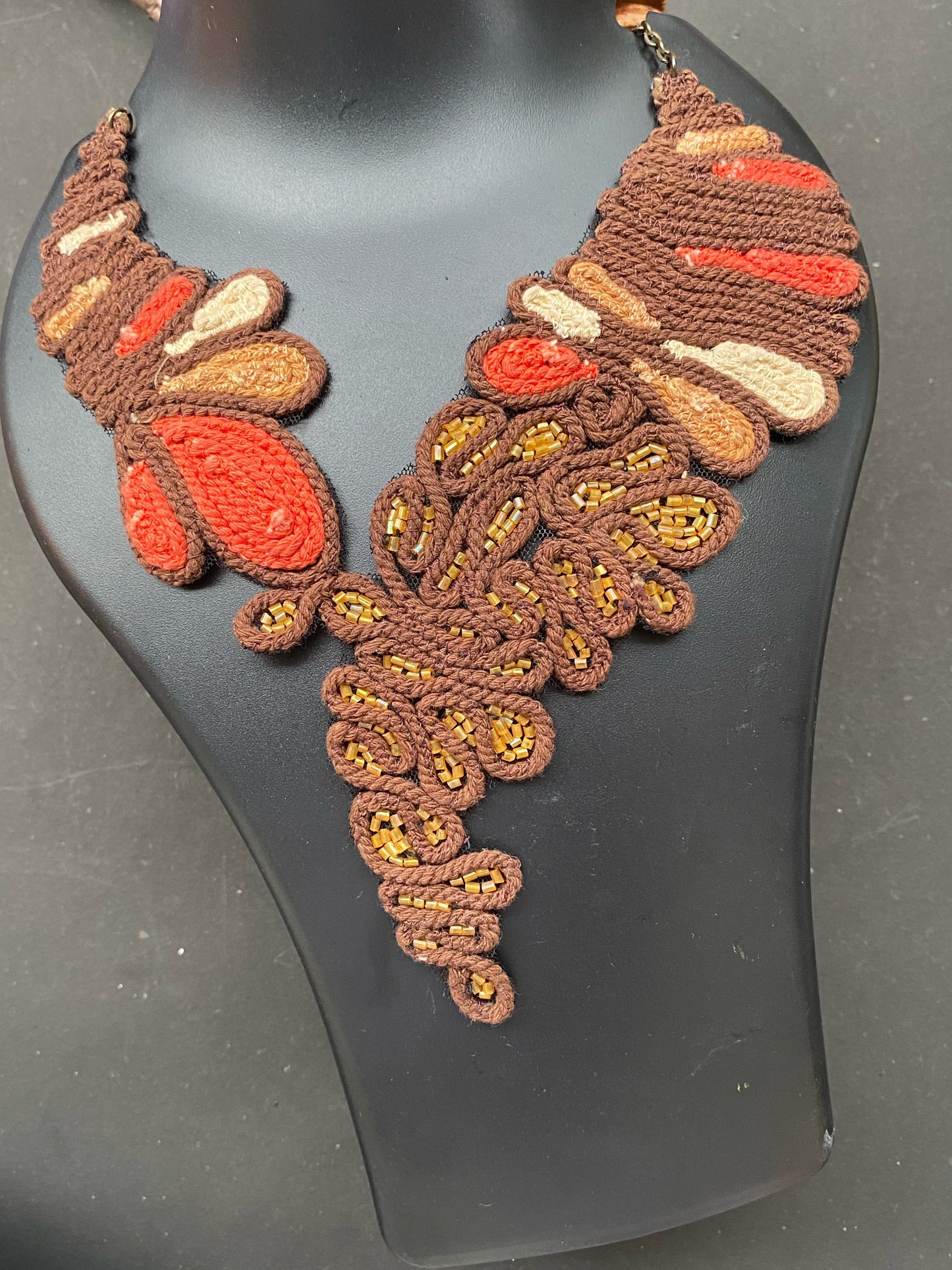 Handcrafted Macrame Statement Necklace – Earthy Brown & Red