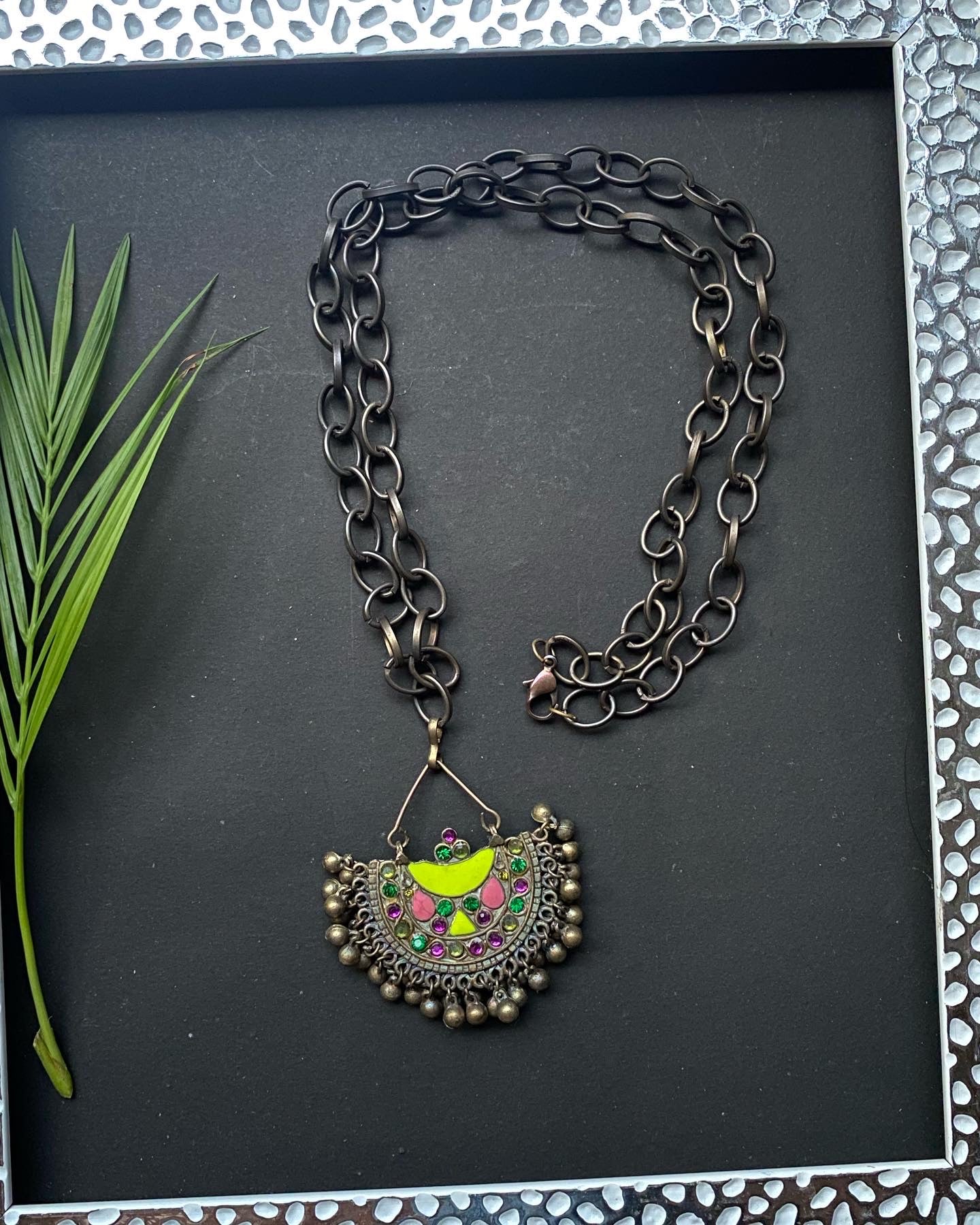Boho Antique Chain Necklace with Colorful Tribal Pendant