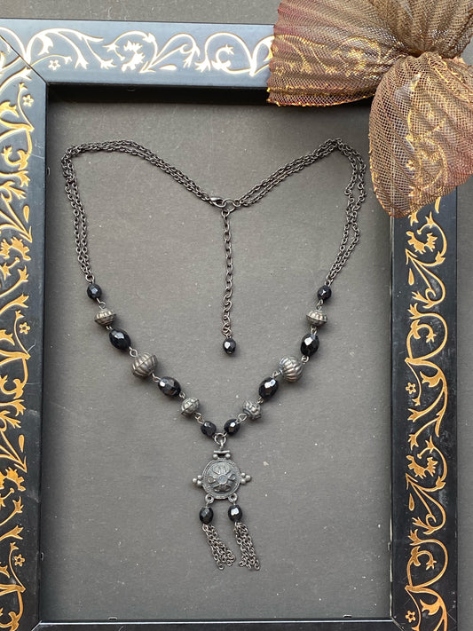 Black Bead & Oxidised Silver Pendant Necklace